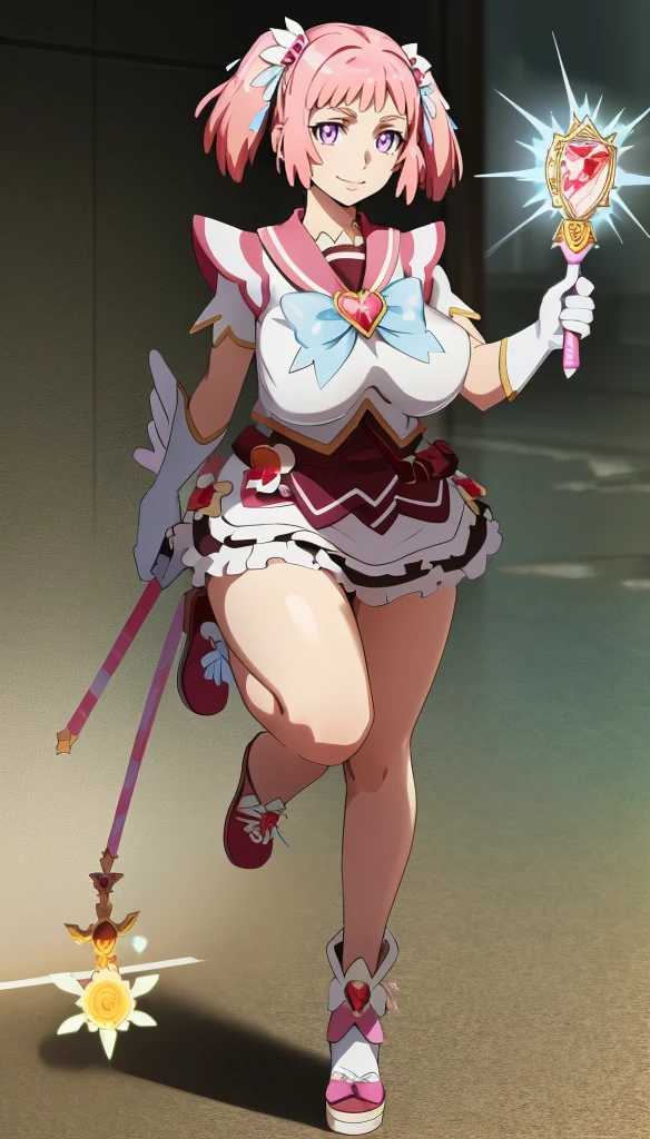 masterpiece, best quality, indoors, mamikafairy, 1girl, solo, looking at viewer,, hand arms full body,boots, standing,cute,breast, curvy, female,fantasy goddess,there is a cartoon picture of a woman with a very large breast, glowing divine being, glowing holy aura, inspired by Luma Rouge, the non-binary deity of spring, ethereal rainbow nimbus, the aura goddess of fire, inspired by Mariel, glowing aura around her, astral aura, as the goddess of the sun, “uwu the prismatic person, big breast, serious, beautiful eyes, , full body, walking, long robe, long dress, ,priestess ,holy, smile, god rays, ray tracing, sparkle, cinematic lighting, UHD, retina, masterpiece, ccurate, anatomically correct, textured skin, super detail, high details, high quality, award winning, best quality, highres, 1080P, HD, 4K, thunder aura, light aura,full, snak staff,closed mouth, huge breast, curvy, bimbo,standing,smile