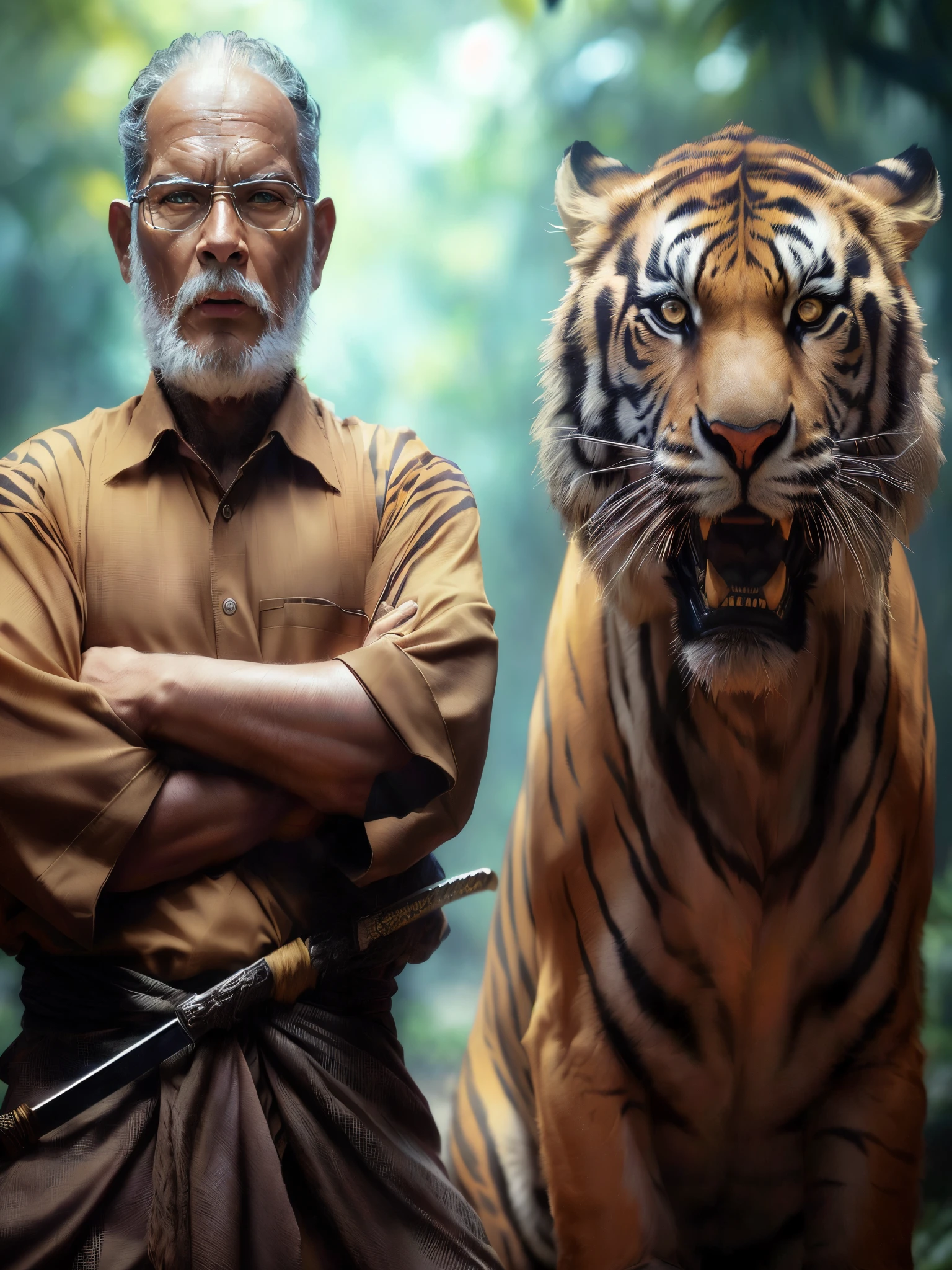 arafed man standing next to a tiger with a sword, a wizard battling a tiger, hunting a tiger, lord of the jungle, tiger_beast, sacred tiger, still from a live action movie, tigers, amazing wallpaper, cinematic photograph concept art, by Daryush Shokof, portrait shot, by Max Dauthendey, king of the jungle