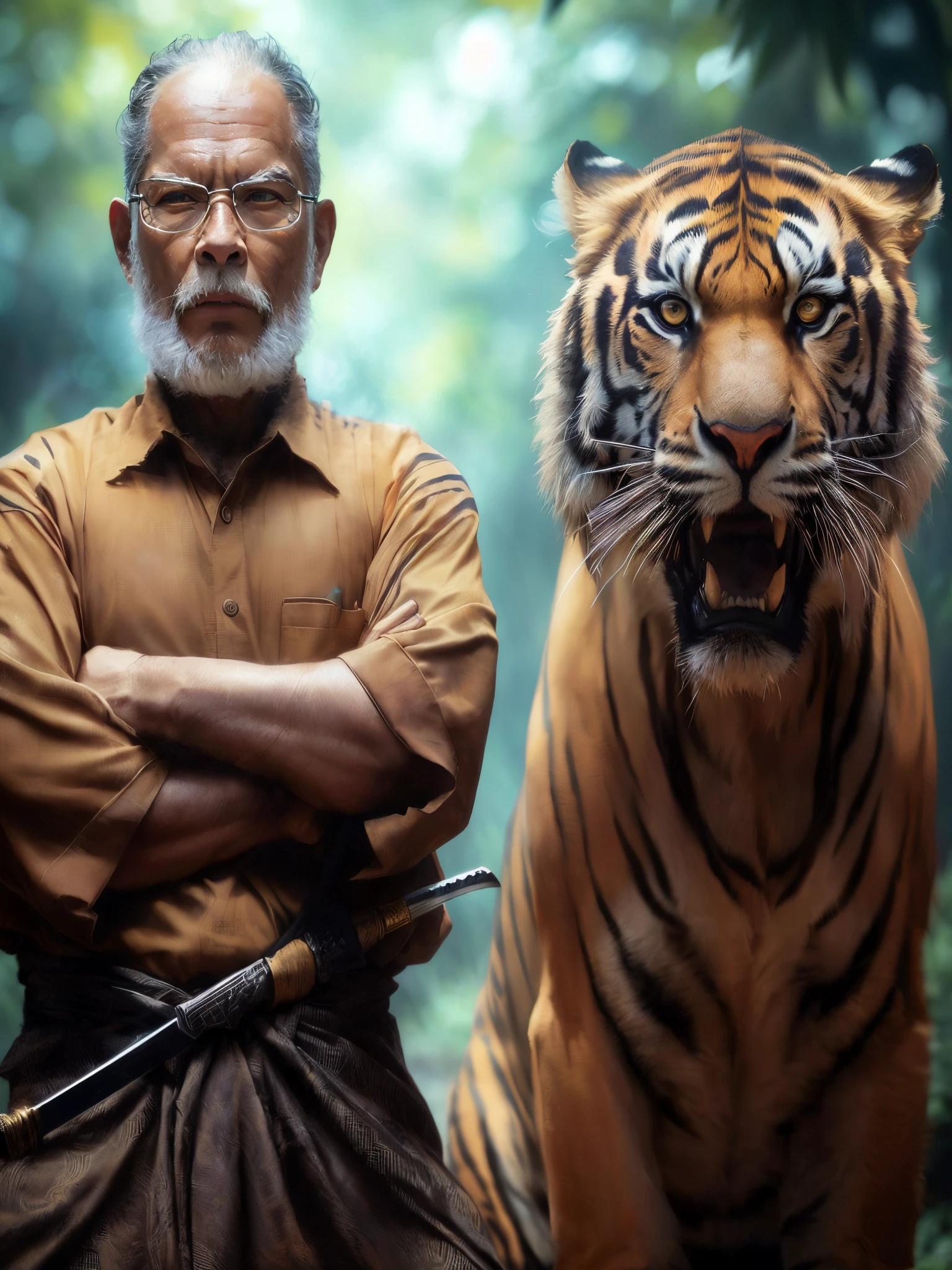 arafed man standing next to a tiger with a sword, a wizard battling a tiger, hunting a tiger, lord of the jungle, tiger_beast, sacred tiger, still from a live action movie, tigers, amazing wallpaper, cinematic photograph concept art, by Daryush Shokof, portrait shot, by Max Dauthendey, king of the jungle