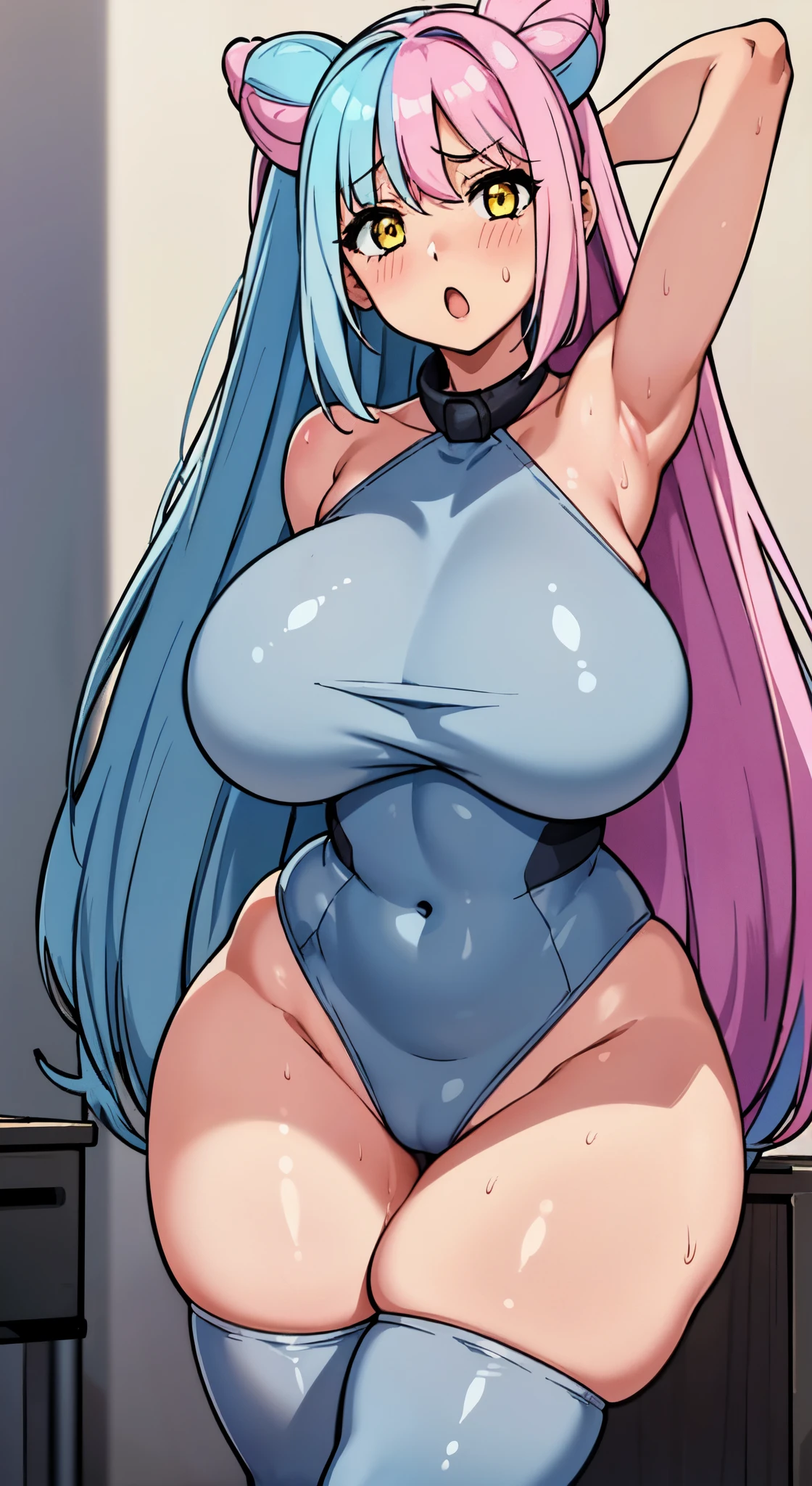 (( 1girl in)), NSFW,SEX, blush,Pink and blue hair、yellow eyes、 Grey leotard,Training room、Armpits、((huge-breasted))、big butts、thick thighs、:o