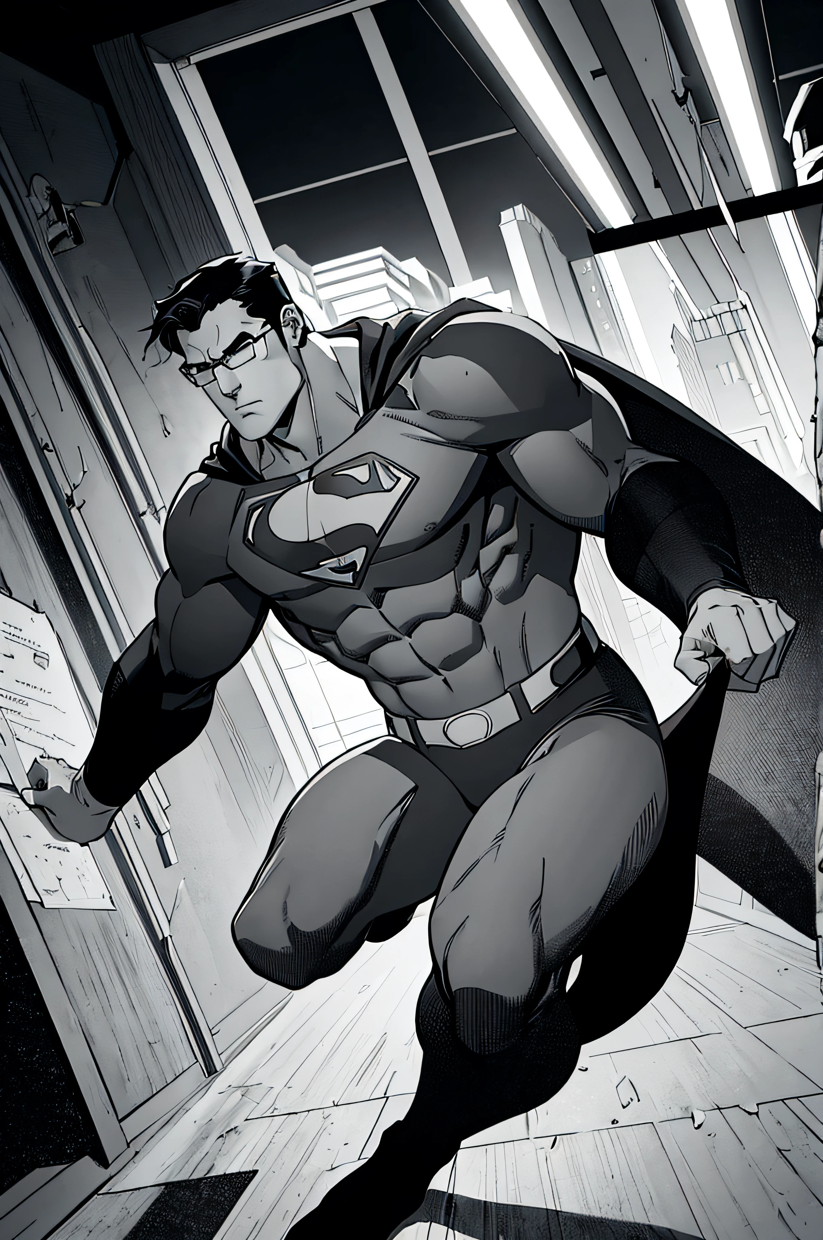 Generate a poignant illustration that captures the duality of Clark Kent and Superman.
Begin with Clark Kent in a contemplative pose, emphasizing anatomical accuracy and realism.
Showcase his everyday attire, ensuring his anatomy adheres strictly to realistic proportions.
Depict him in a moment of reflection, reminiscent of remembering a recent heroic battle.
Transition seamlessly to a dynamic scene featuring Superman in the midst of combat.
Maintain a focus on anatomical accuracy and realism, steering clear of exaggerated poses and bold lines.
Illustrate Superman's physique with accurate muscle definition and human features.
Convey a sense of power and determination as he engages in a heroic struggle.
The goal is to create a composition that emphasizes the contrast between Clark Kent's ordinary
moments and Superman's extraordinary actions, all while adhering to true-to-life human anatomy.
Avoid fantastical elements and prioritize the subtleties of human form over the stylized and dynamic
characteristics associated with Joe Shuster's iconic superhero artwork