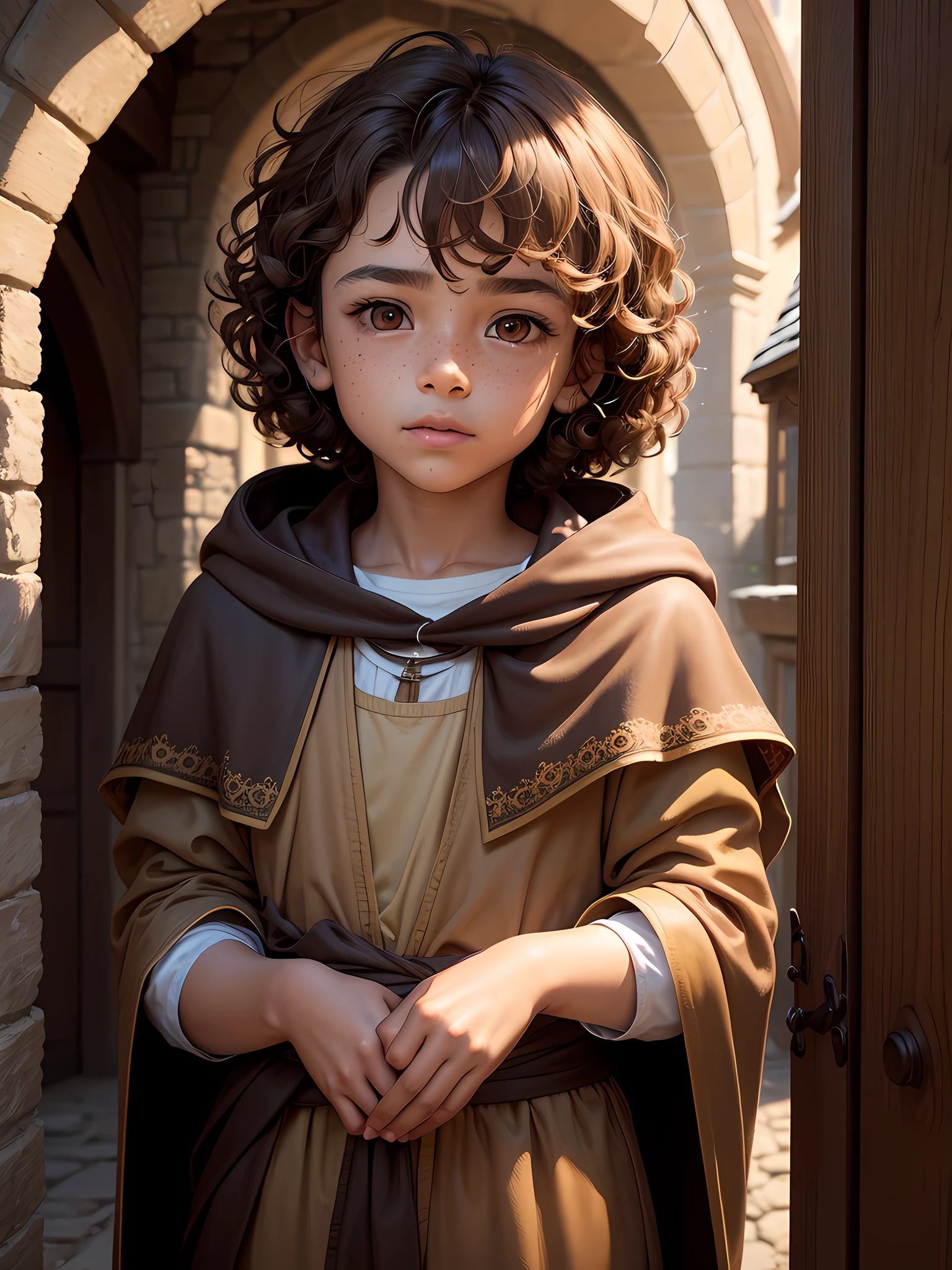 1boy, short, light brown curly hair, age 11, brown eyes, freckles, medium brown skin, wearing a school cloak, medieval town, absurdres, high res, ultrasharp, 8k, masterpiece, looking at viewer