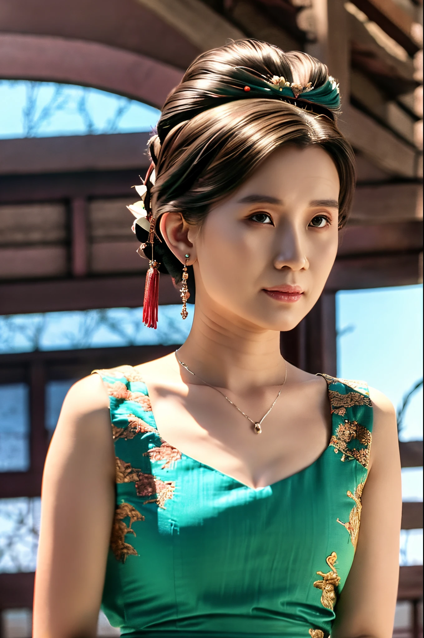 a close up of a woman wearing a green dress and a tia, a colorized photo inspired by Huang Ji, trending on cg society, cloisonnism, palace , a girl in hanfu, chinese style, hanfu, wearing ancient chinese clothes, beautiful render of tang dynasty, a beautiful fantasy empress, traditional beauty, ((a beautiful fantasy empress)), traditional chinese, ,((Best quality))),8k,((Masterpiece)),(Extremely refined and beautiful),