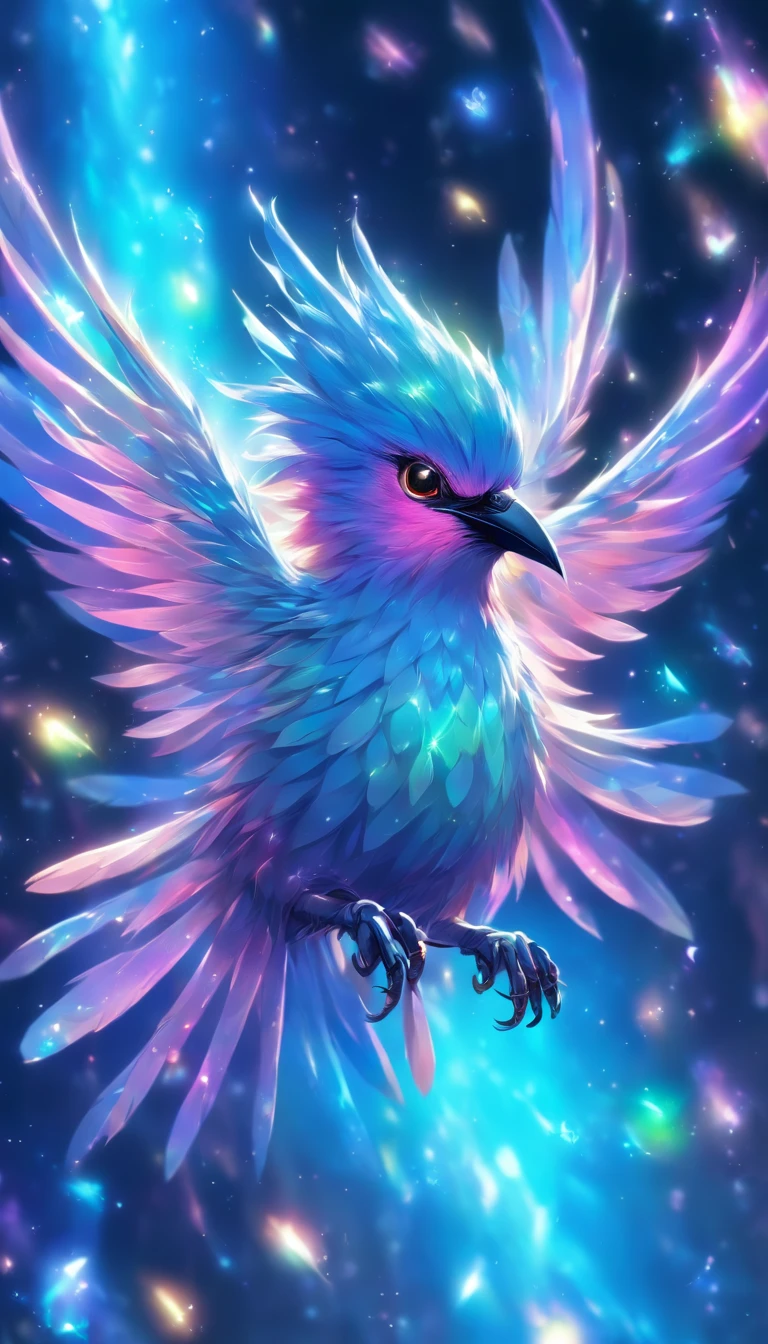 A small bird with iridescent feathers,their hues not of this world,shimmering with stardust-like speckles. The bird flies through a space made of flowing liquid metal and floating crystals,each flap of its wings causing a subtle ripple in space,creating a surreal visual effect.,