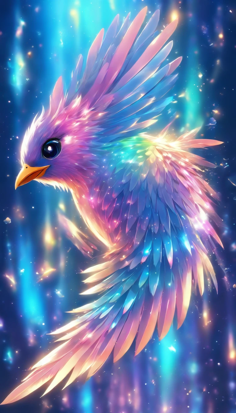 A small bird with iridescent feathers,their hues not of this world,shimmering with stardust-like speckles. The bird flies through a space made of flowing liquid metal and floating crystals,each flap of its wings causing a subtle ripple in space,creating a surreal visual effect.,