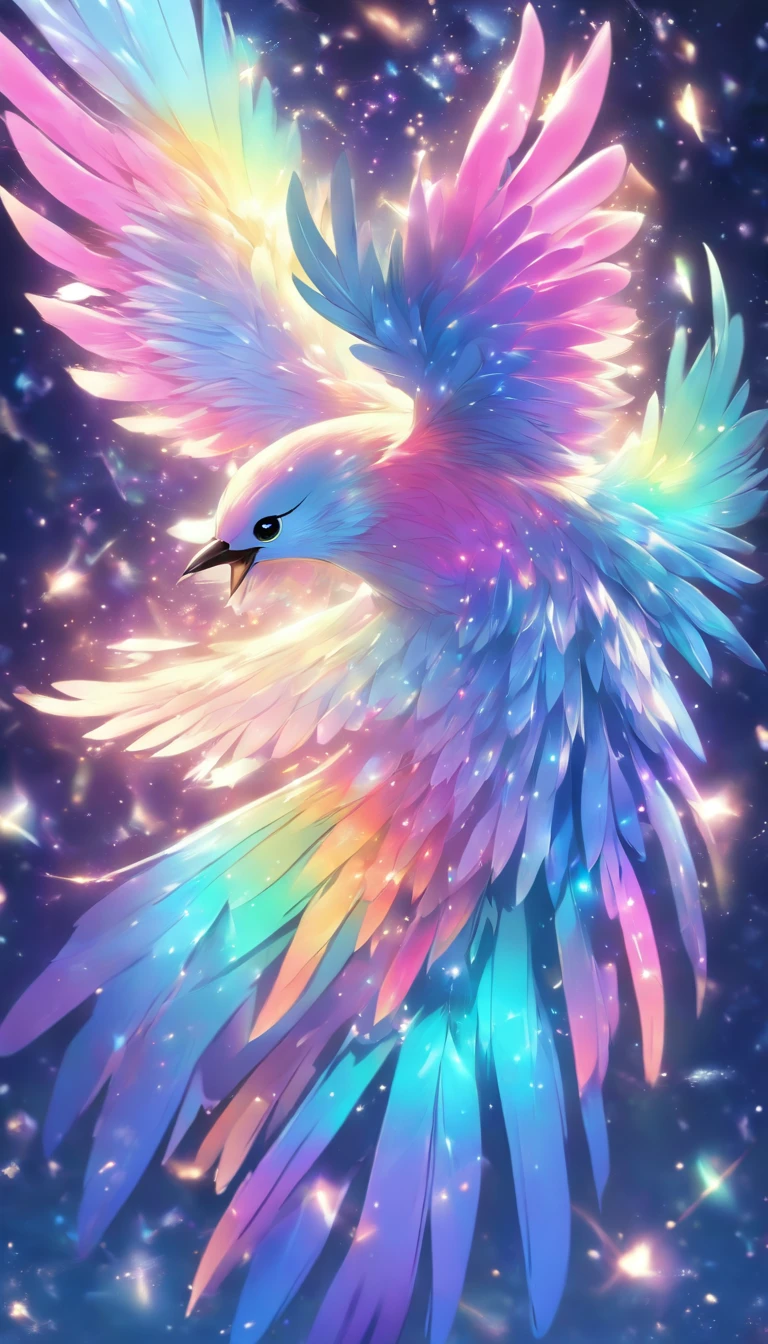 A small bird with iridescent feathers,their hues not of this world,shimmering with stardust-like speckles. The bird flies through a space made of flowing liquid metal and floating crystals,each flap of its wings causing a subtle ripple in space,creating a surreal visual effect.,