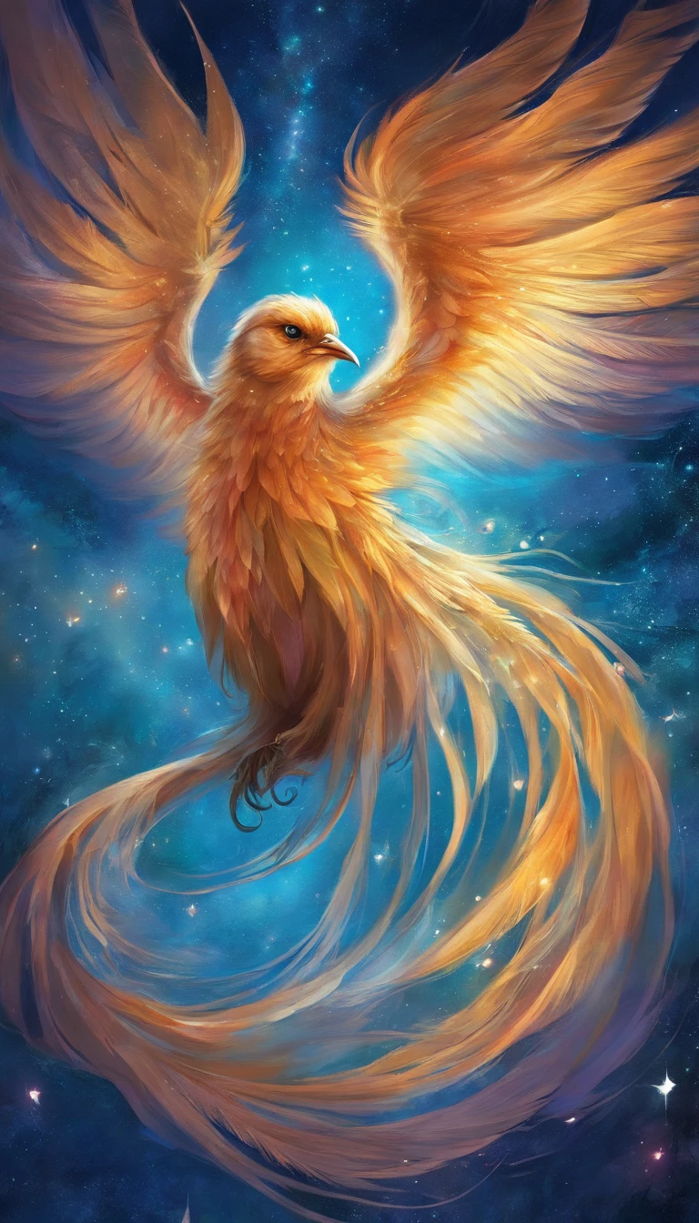 A small bird with iridescent feathers,their hues not of this world,shimmering with stardust-like speckles. The bird flies through a space made of flowing liquid metal and floating crystals,each flap of its wings causing a subtle ripple in space,creating a surreal visual effect.,