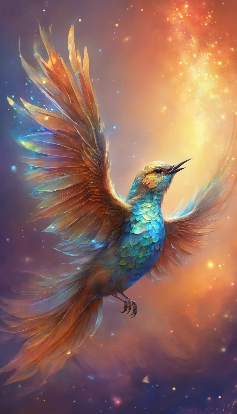 A small bird with iridescent feathers,their hues not of this world,shimmering with stardust-like speckles. The bird flies through a space made of flowing liquid metal and floating crystals,each flap of its wings causing a subtle ripple in space,creating a surreal visual effect.,