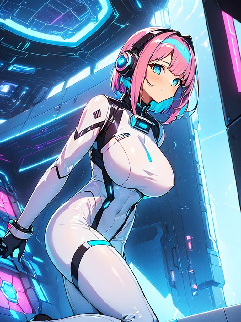 masterpiece:1.4, 1girl in ((20yr old, Wearing a futuristic white and silver costume, Tight Fit Bodysuit, long boots, Very gigantic-breasts, Multicolored pink hair, a short bob, Perfect model body, Blue eyes:1.4, Wearing headphones, Flirting, Looking out the window of the futuristic sci-fi space station、While admiring the beautiful galaxy:1.2, SFSF control room on night background:1.1, Neon and energetic atmosphere:1.2)) ((Galaxy)) ((Solo:1.6))