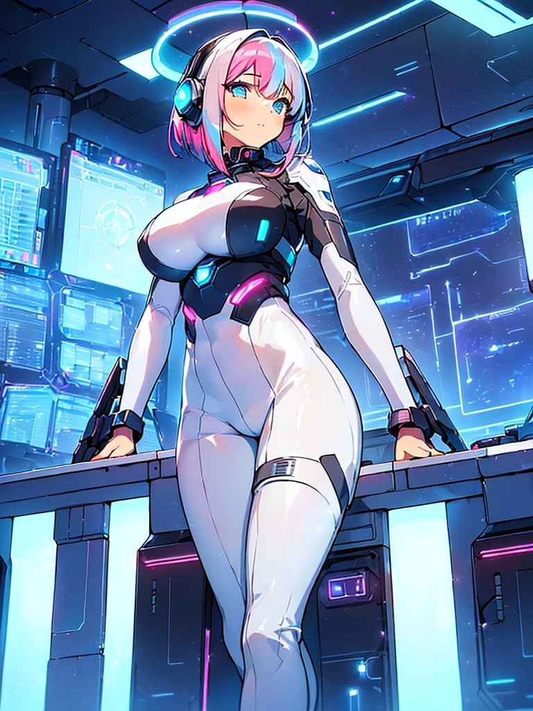 ​masterpiece:1.4, 1girl in ((20yr old, Wearing a futuristic white and silver costume, Tight Fit Bodysuit, long boots, Very gigantic-breasts, Multicolored pink hair, a short bob, Perfect model body, Blue eyes:1.4, Wearing headphones, Flirting, Looking out the window of the futuristic sci-fi space station、While admiring the beautiful galaxy:1.2, SFSF control room on night background:1.1, Neon and energetic atmosphere:1.2)) ((Galaxy)) ((Solo:1.6))