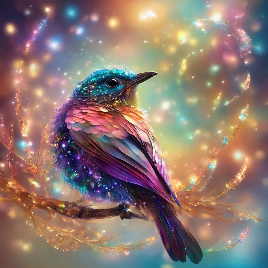 A small bird with iridescent feathers,their hues not of this world,shimmering with stardust-like speckles. The bird flies through a space made of flowing liquid metal and floating crystals,each flap of its wings causing a subtle ripple in space,creating a surreal visual effect.,