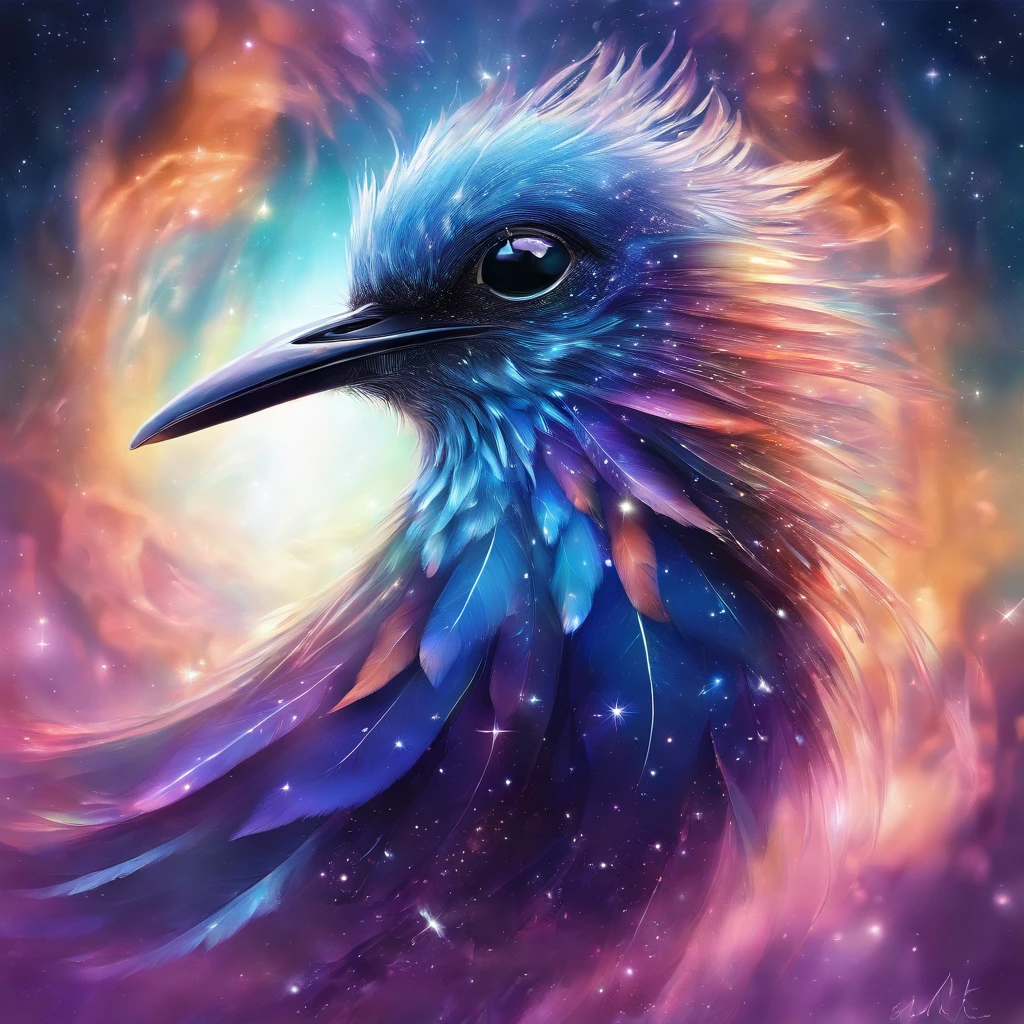 A small bird with iridescent feathers,their hues not of this world,shimmering with stardust-like speckles. The bird flies through a space made of flowing liquid metal and floating crystals,each flap of its wings causing a subtle ripple in space,creating a surreal visual effect.,