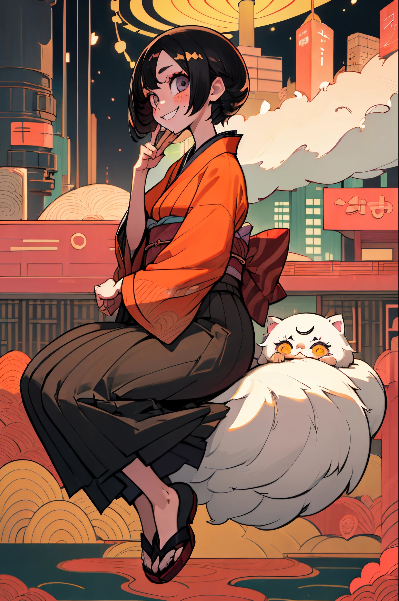 (Best Quality, masutepiece), girl with, Face-to-face、Smile, full body Esbian, A dark-haired、make - up、Cute eyes、Kimono、Urban city