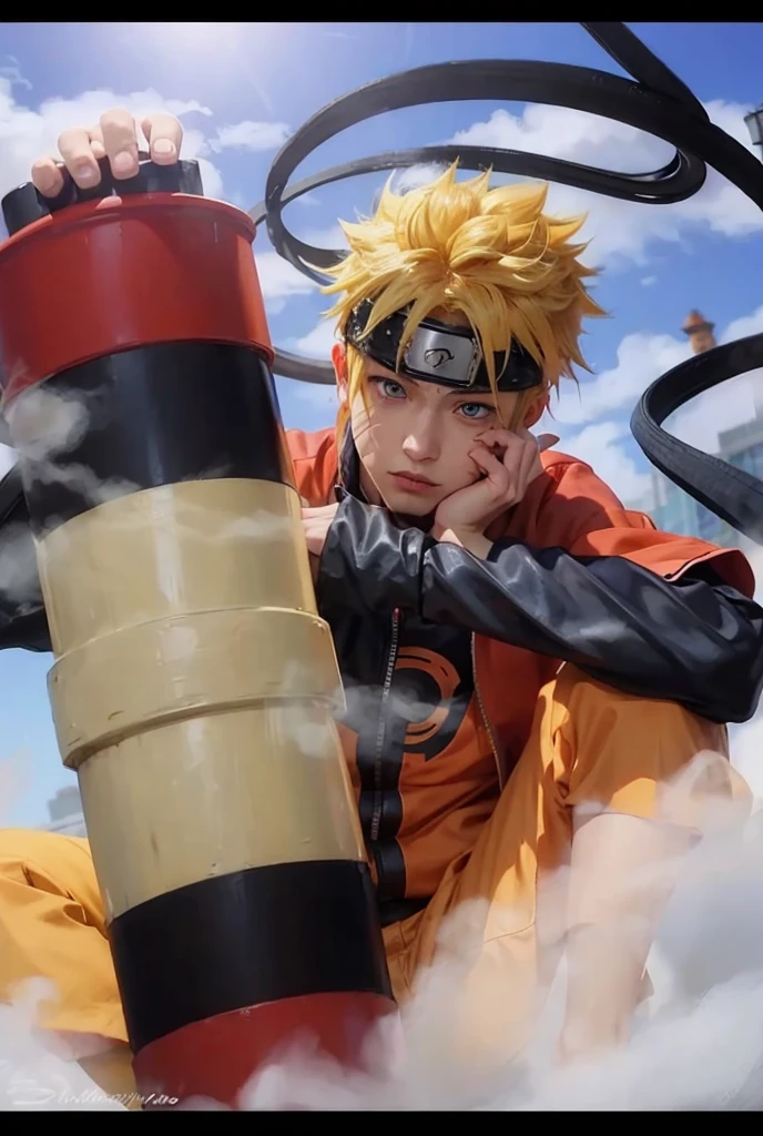 1male, uzumaki naruto in anime naruto shippuden, short hair , yellow hair, blue eyes, handsome, orange clothes with red edges, realistic clothes, detail clothes, city background, ultra detail, realistic