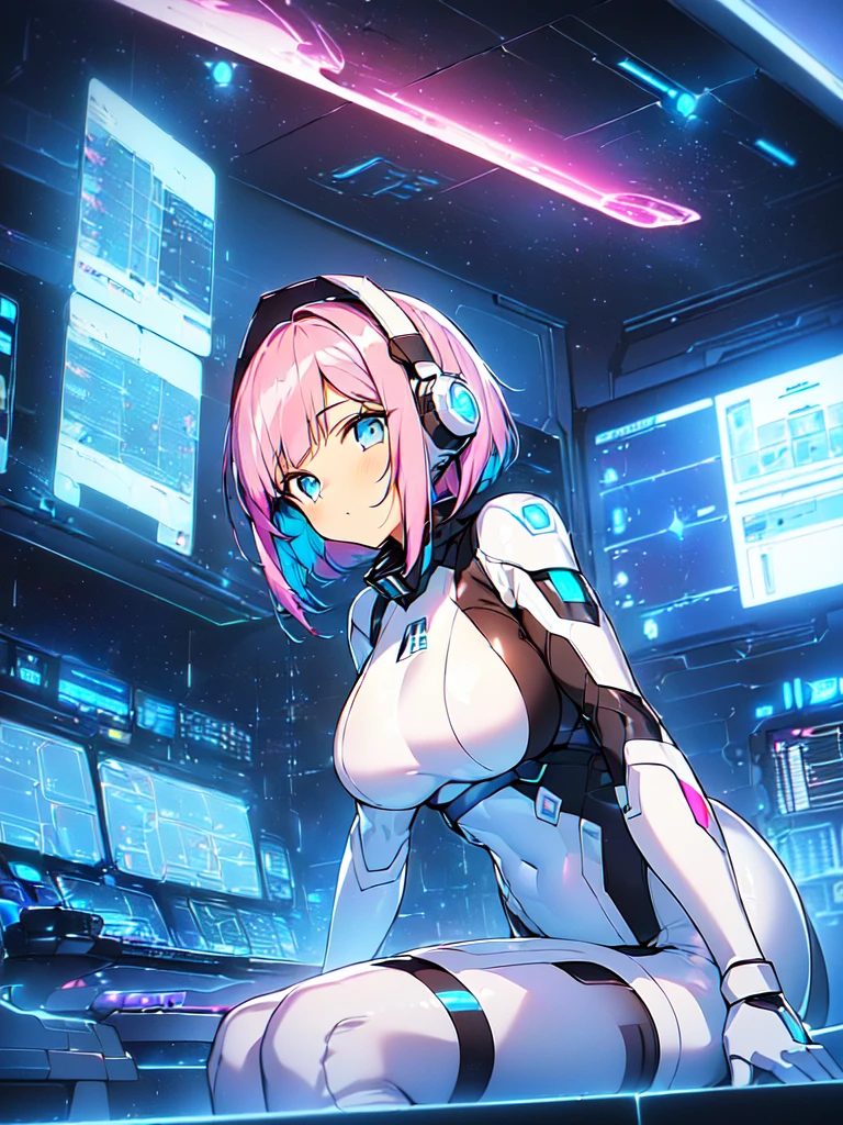 masterpiece:1.4, 1girl in ((20yr old, Wearing a futuristic white and silver costume, Tight Fit Bodysuit, long boots, Very gigantic-breasts, Multicolored pink hair, a short bob, Perfect model body, Blue eyes:1.4, Wearing headphones, Flirting, Looking out the window of the futuristic sci-fi space station、While admiring the beautiful galaxy:1.2, SFSF control room on night background:1.1, Neon and energetic atmosphere:1.2)) ((Galaxy)) ((Solo:1.6))