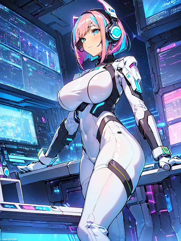 ​masterpiece:1.4, 1girl in ((20yr old, Wearing a futuristic white and silver costume, Tight Fit Bodysuit, long boots, Very gigantic-breasts, Multicolored pink hair, a short bob, Perfect model body, Blue eyes:1.4, Wearing headphones, Flirting, Looking out the window of the futuristic sci-fi space station、While admiring the beautiful galaxy:1.2, SFSF control room on night background:1.1, Neon and energetic atmosphere:1.2)) ((Galaxy)) ((Solo:1.6))