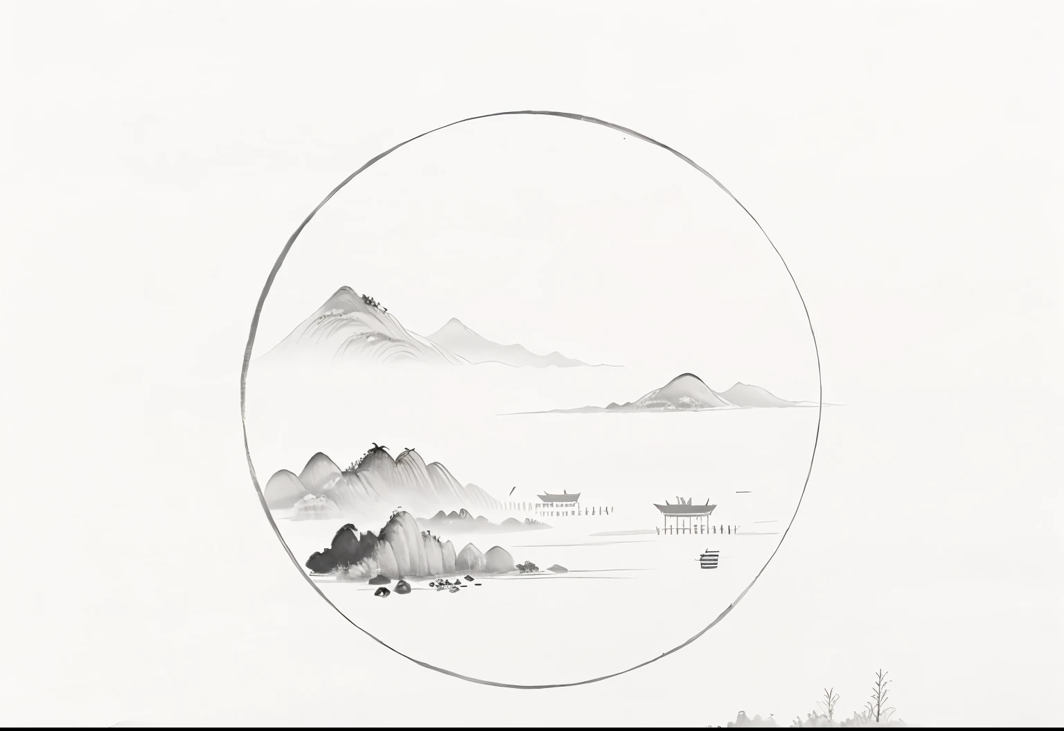 There is a painting，There are boats in the water，The background is the mountain, Inspired by Qi Baishi, Inspired by Zhang Daqian,Line drawing landscape painting，Black and white，Photo of a boat sailing in a body of water，The background is the mountain, China ink painting, chinese painting style, China ink painting, chinese paintings, Tradition Chinese Ink Painting, Chinese landscape, inspired by Tang Yin, Inspired by Ma Yuan, chinese watercolor style, Inspired by Shen Shichong,