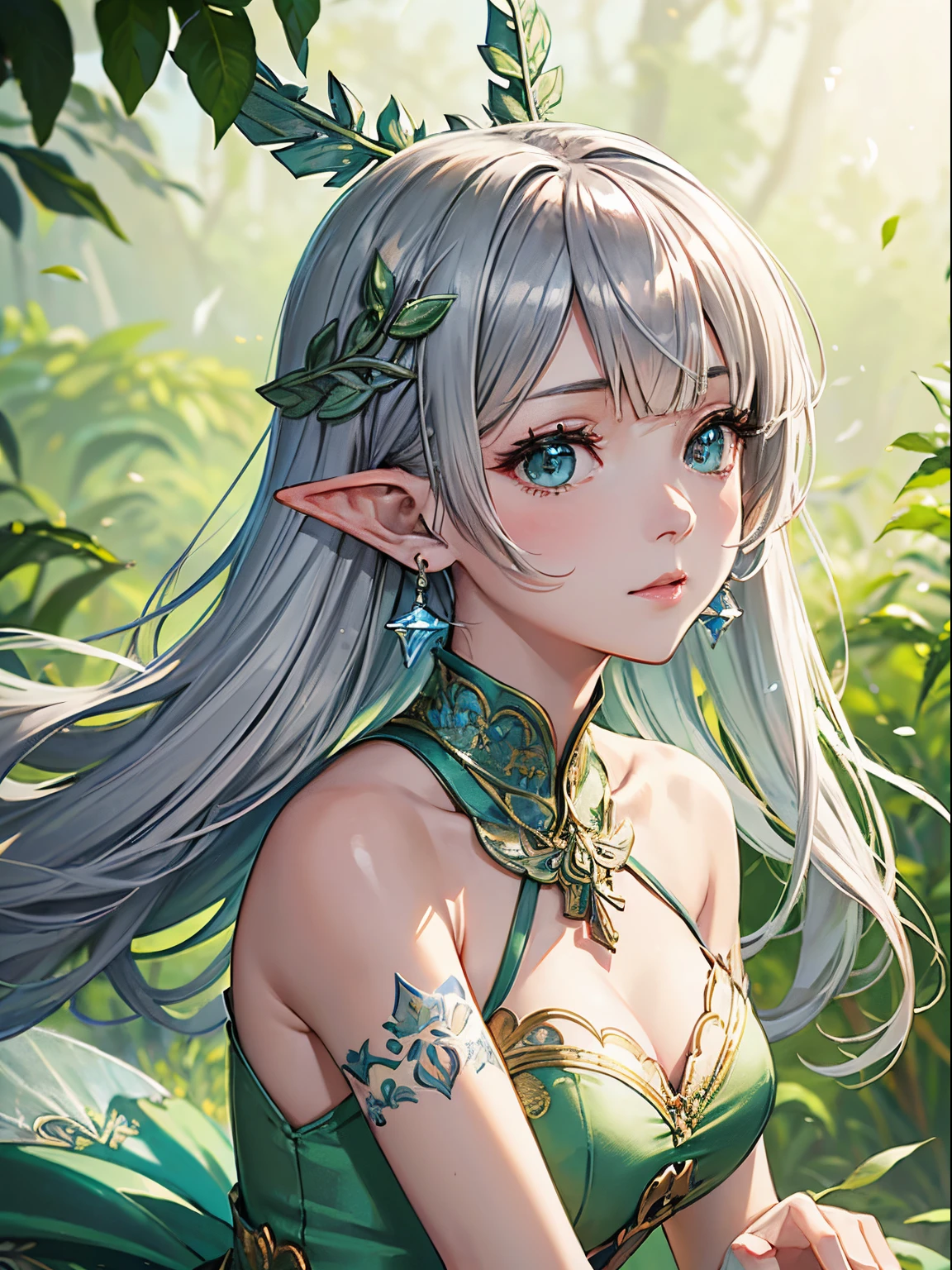 (((masutepiece))), (((Best Quality))), ((Ultra-detailed)), (Illustration), ((extremely delicate and beautiful)),Dynamic Angle,floating, (Beautiful detailed eyes), (Detailed light) fairyland,Dynamic Angle,(1 Princeness),(elf),(Girl in a dream),(wonderland dream), (very fantasy dream),spiky_Ears, Green_Eyes, long_hair, Solo, Bare_shoulders, up looking_で_viewer, fronds,covered with leaves, earrings, Jewelry,Jewelry Earrings,Silver_hair, hair_ornament detached,leaf decoration,hair_Bland_Eyes, eyebrows_Visible_through_hair, arms are_The tattoo, Leaf tattoo, Closed_Mouth, Bangs, Smedium_breasts, blush, Sleeveless, (+++上半身_Body+++),(Beautiful noble leaf texture halter dress with details,(Silver|Green dress:1.3),(Magic Dress),gloves,)hands behind back, /////////,feather, Leaves, tree,Nature, (Sunlight),day, River, (forest),(Painting),(sketch),(bloom)////////depth of fields, double exposure, Tindall Effect, Colorful refraction,visual impact,(sketch:0.9),Best Quality ,(Fairy tales and dreamy spring)