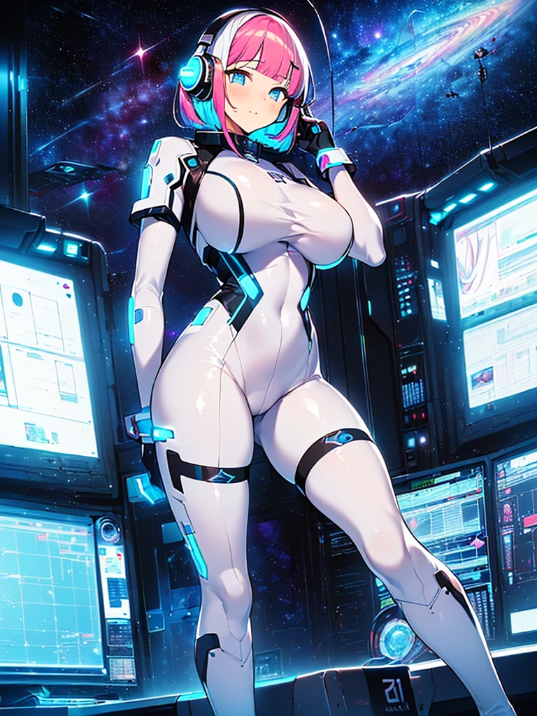 masterpiece:1.4, 1girl in ((20yr old, Wearing a futuristic white and silver costume, Tight Fit Bodysuit, long boots, Very gigantic-breasts, Multicolored pink hair, a short bob, Perfect model body, Blue eyes:1.4, Wearing headphones, Flirting, Looking out the window of the futuristic sci-fi space station、While admiring the beautiful galaxy:1.2, SFSF control room on night background:1.1, Neon and energetic atmosphere:1.2)) ((Galaxy)) ((Solo:1.6))