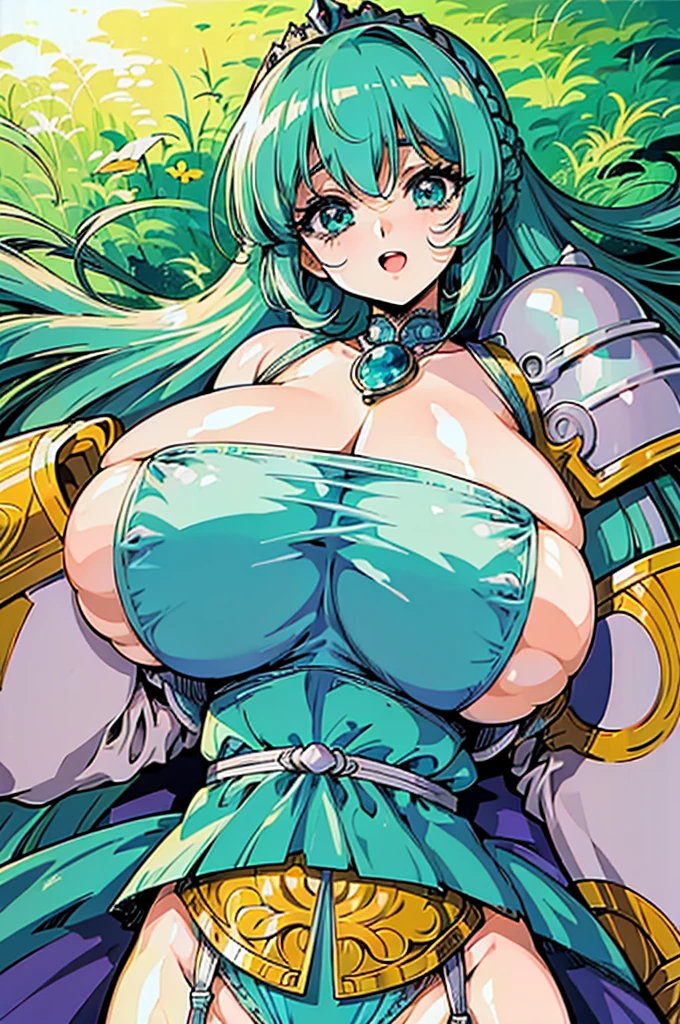 "(masterpiece:1.1), best quality, NSFW,
1girl, (80s anime style:1.3), (eyelashes:1.5), (:1.2),
(intricate high detailed body:1.2),
(aqua hair:1.1), (bangs:1.1), (long hair, french braid:1.1), (tiara:1.2),
green eyes,
(perfect world gigantic, gigantic breasts:1.5),
(light smile:1.2), open mouth,
(silver embroidery bikini armor:1.2), (garter belt:1.2),
(suspenders:1.1), (jewelry:1.1), necklace,
standing, peace sign,
(upper body, cowboy shot, looking at viewer, from front:1.1),
(daytime, grassland, outdoors:1.2)"