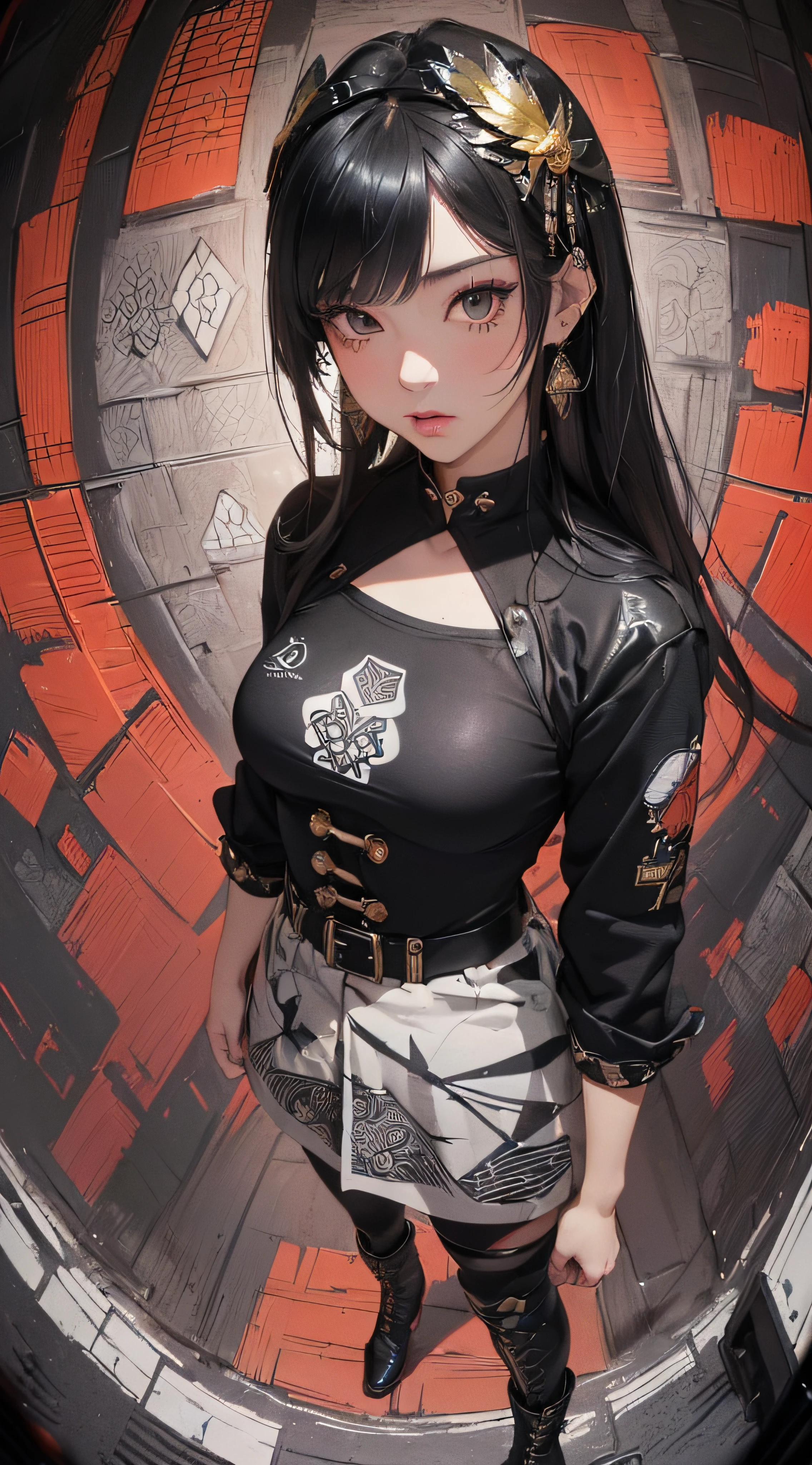 (((8k wallpaper of extremely detailed CG unit:1.2, ​masterpiece, hight resolution:1.2, top-quality:1.2, masutepiece))), ((a very beautiful woman, Hands in pockets:1.8, Grunge Fashion:1.2, Wear outerwear:1.2, wearing skinny jeans, Wearing shoes)), ((extra detailed face, Highly detailed black eyes, extra detailed body, Top quality real texture skins)), (A dark-haired, length hair, de pele branca), ((Colorful geometric patterns are painted all over the wall..., Colorful wall)), (high-angle:1.2, Fisheye:1.3), hyper realisitic, digitial painting,