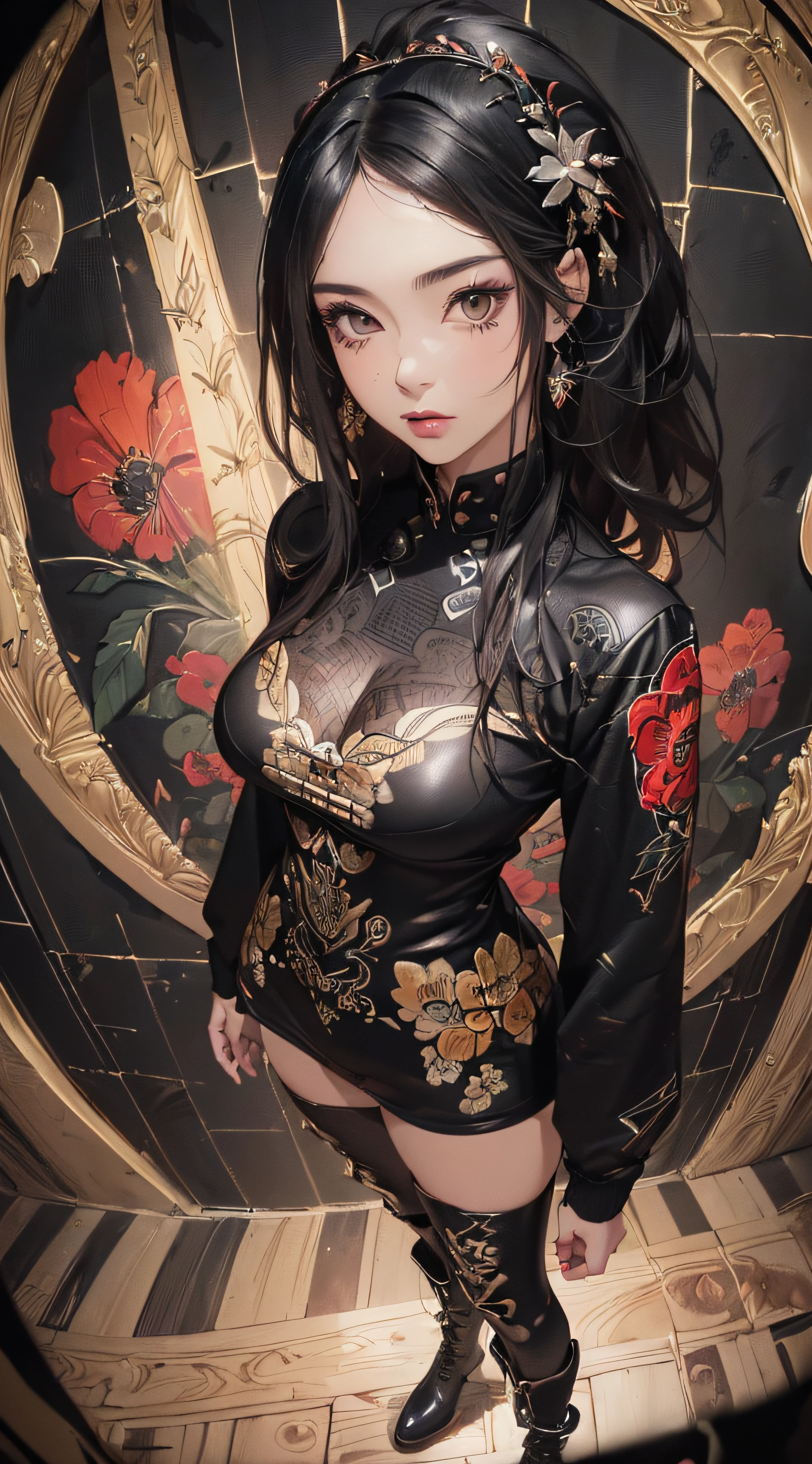 (((8k wallpaper of extremely detailed CG unit:1.2, ​masterpiece, hight resolution:1.2, top-quality:1.2, masutepiece))), ((a very beautiful woman, Hands in pockets:1.8, Grunge Fashion:1.2, Wear outerwear:1.2, Wearing hot pants, wearing tights and boots)), ((extra detailed face, Highly detailed black eyes:1.2, extra detailed body, Top quality real texture skins)), (A dark-haired, length hair, de pele branca), ((Colorful geometric patterns are painted all over the wall..)), (high-angle:1.2, Fisheye:1.3), hyper realisitic, digitial painting,