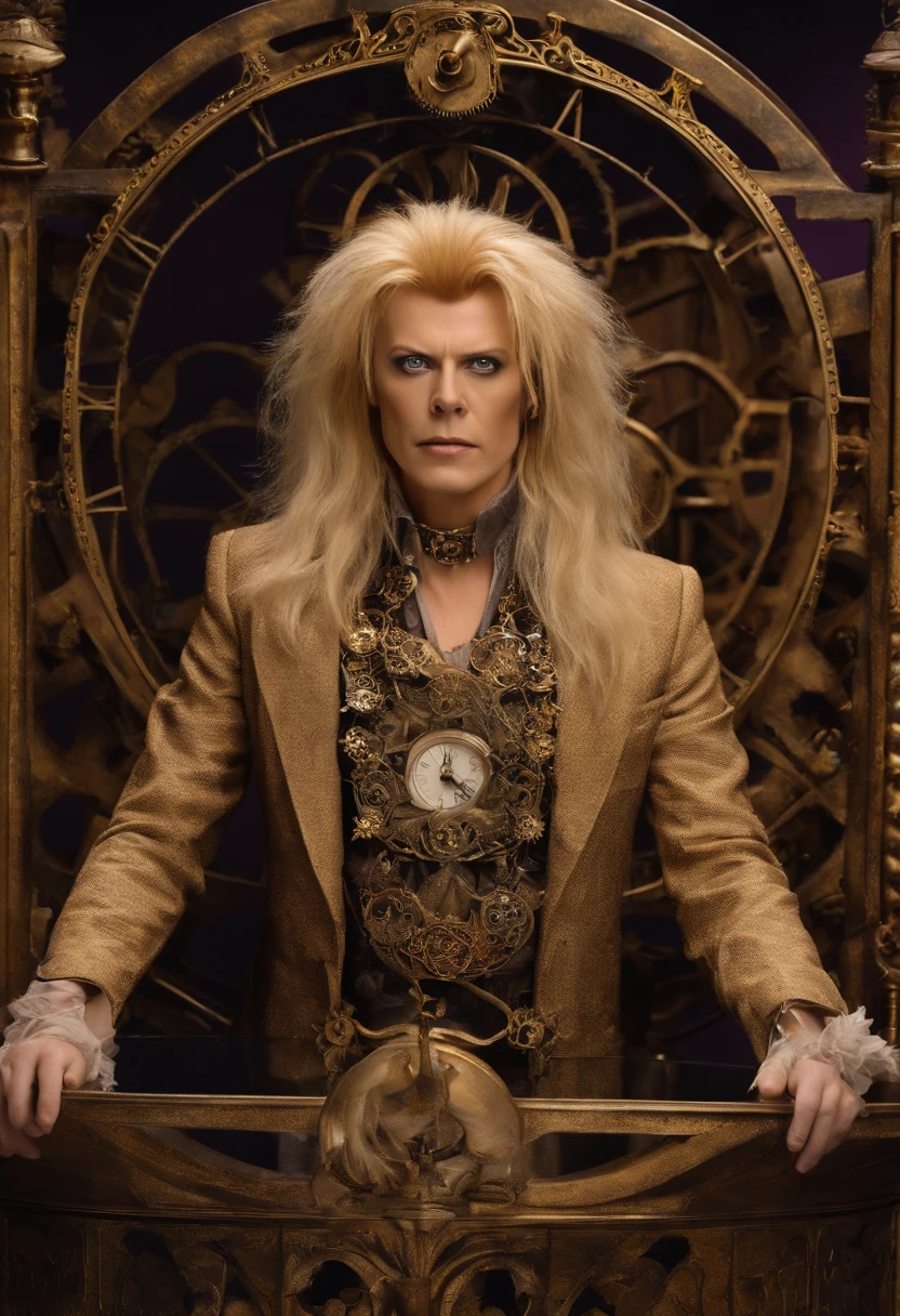 A snapshot of a beautifully intricate clock, with gears and pendulums in constant motion,Labyrinth,Jareth has long spiky blonde hair, purple eyeshadow with cat-eye eyeliner, wears a frilly shirt and tight pants, and a high open collar. Portrayed by David Bowie in the film "Labyrinth"