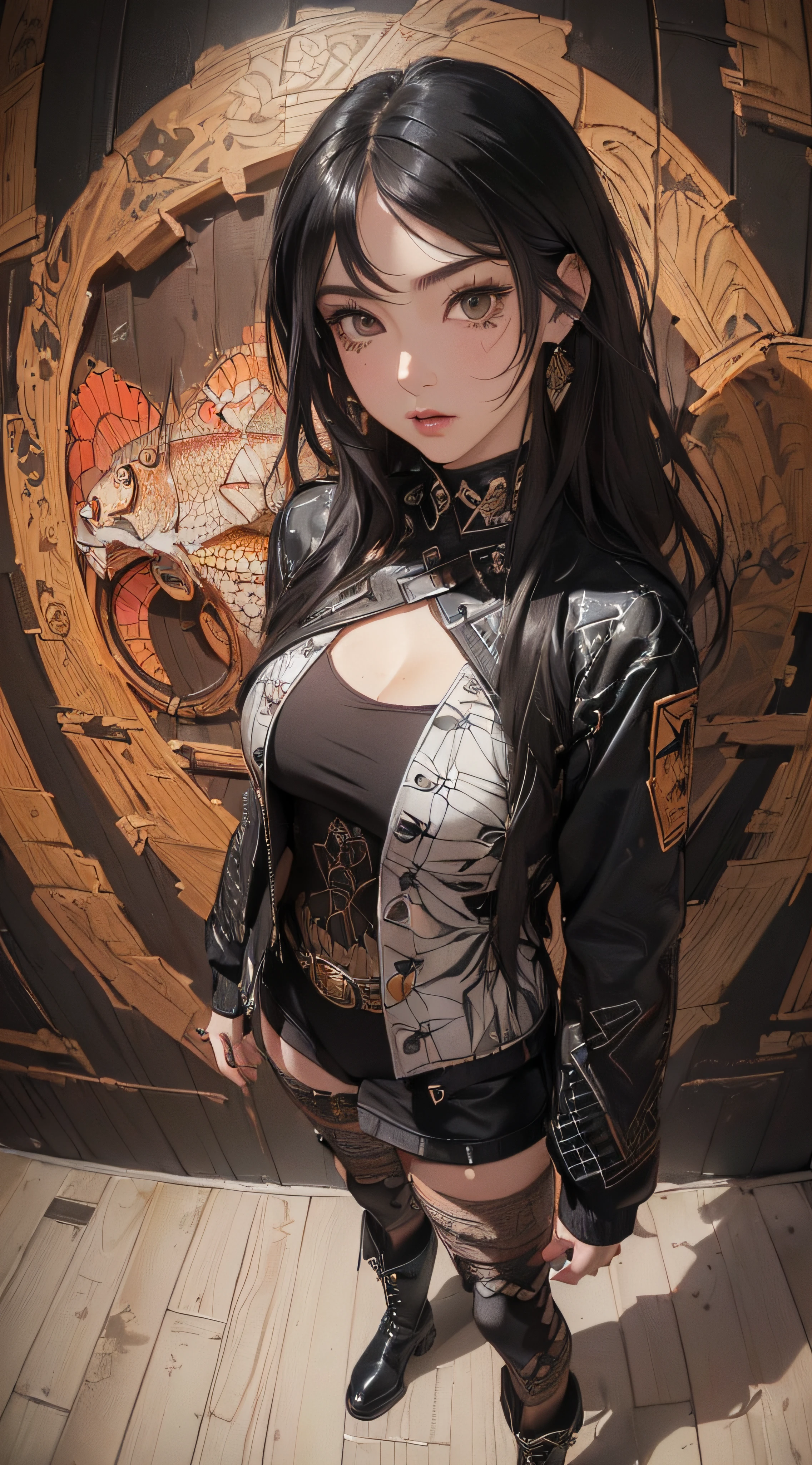 (((8k wallpaper of extremely detailed CG unit:1.2, ​masterpiece, hight resolution:1.2, top-quality:1.2, masutepiece))), ((a very beautiful woman, Hands in pockets:1.8, Grunge Fashion:1.2, Wear outerwear:1.2, wearing skinny jeans, Wearing shoes)), ((extra detailed face, Highly detailed black eyes, extra detailed body, Top quality real texture skins)), (A dark-haired, length hair, de pele branca), ((Colorful geometric patterns are painted all over the wall..., Colorful wall)), (high-angle:1.2, Fisheye:1.3), hyper realisitic, digitial painting,