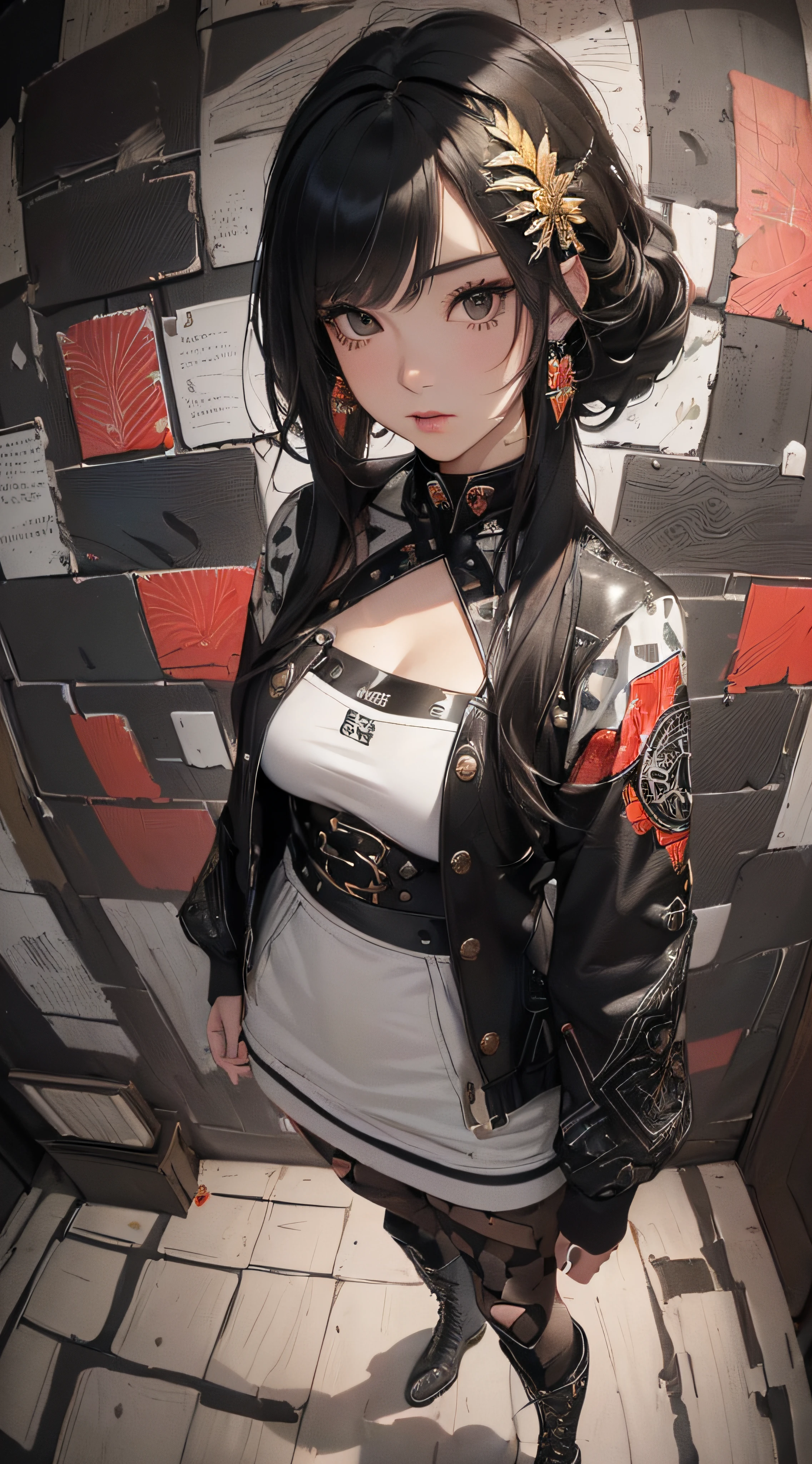 (((8k wallpaper of extremely detailed CG unit:1.2, ​masterpiece, hight resolution:1.2, top-quality:1.2, masutepiece))), ((a very beautiful woman, Hands in pockets:1.8, Grunge Fashion:1.2, Wear outerwear:1.2, Wearing hot pants, wearing tights and boots)), ((extra detailed face, Highly detailed black eyes:1.2, extra detailed body, Top quality real texture skins)), (A dark-haired, length hair, de pele branca), ((Colorful geometric patterns are painted all over the wall..)), (high-angle:1.2, Fisheye:1.3), hyper realisitic, digitial painting,