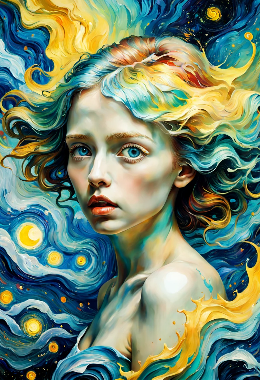 Works by van gogh, level difference:1.8),(Paint colliding and splashing on the canvas),(depth of field),1girl's side face blends into it,((side face)),open mouth,serene expression,(liquid paint rainbow hair:1.1) made of paint and defies gravity,thick flowing,(paint splatter:1.3),Liquid state,stunningly beautiful, masterpiece, detailed background,ultra high quality model, ethereal background,abstract beauty, explosive volumetric, oil painting,heavy strokes,Romantic lighting, Tatto on face script Effegi" Sub-Surface Scatterring,lens 135mm,f1.8,glow,8k,high resolution, dreamy,ray tracing,hdr,god rays,A color painted beautiful young woman., mystical waves at night. 3d. Iridescent. the melting beauty of the Universe. surrealism in the reflection of nebula fragments. Encaustic paint. Alcohol ink. Works by van gogh. van gogh starry sky
High contrast. super detail. Intricate. Open eyes.
