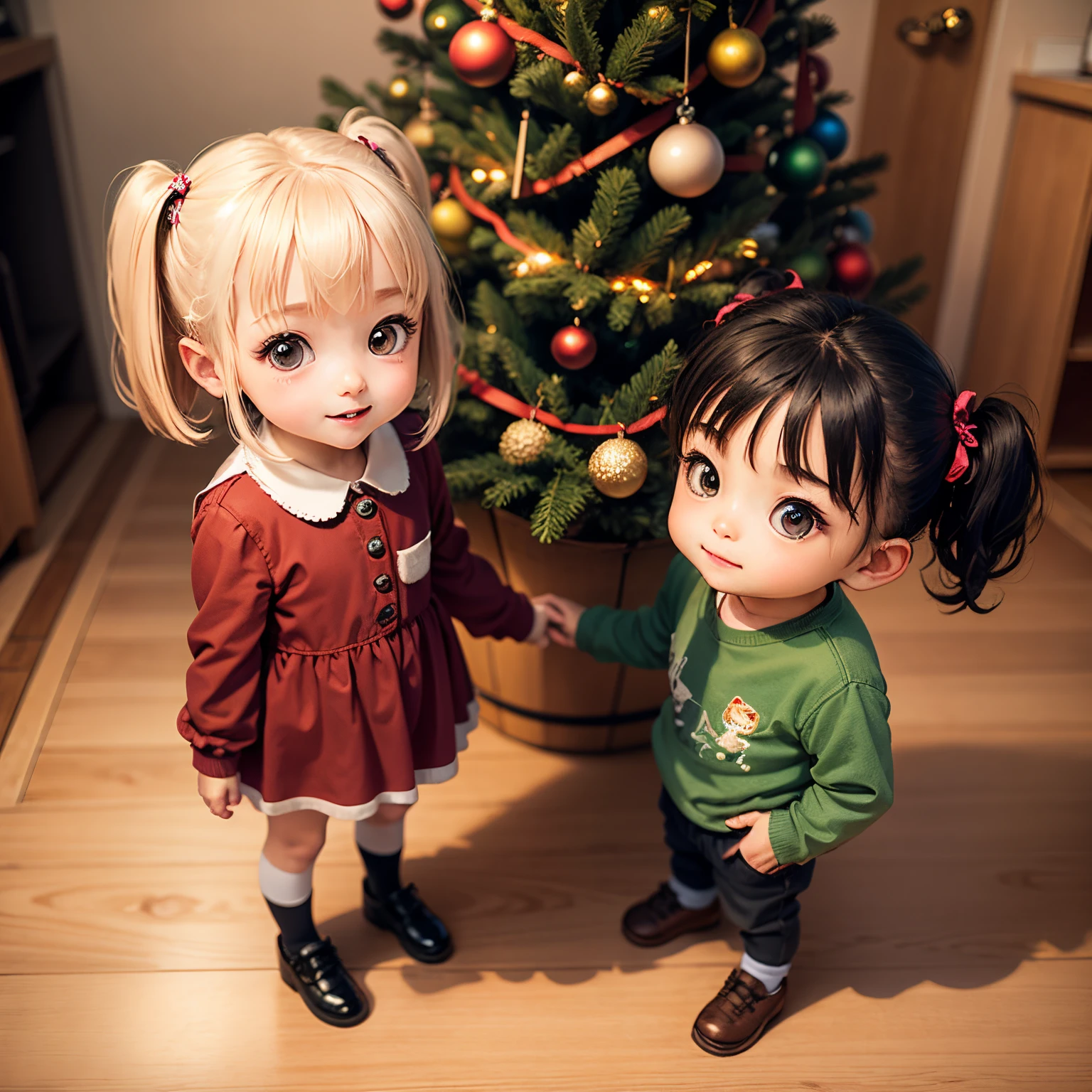 masterpiece、top-quality、ultra-detailliert、(Chibi Chara Kindergarten Kids:1.2)、a couple、stare at each other、Christmas tree one、a smile、Secret story、Standing