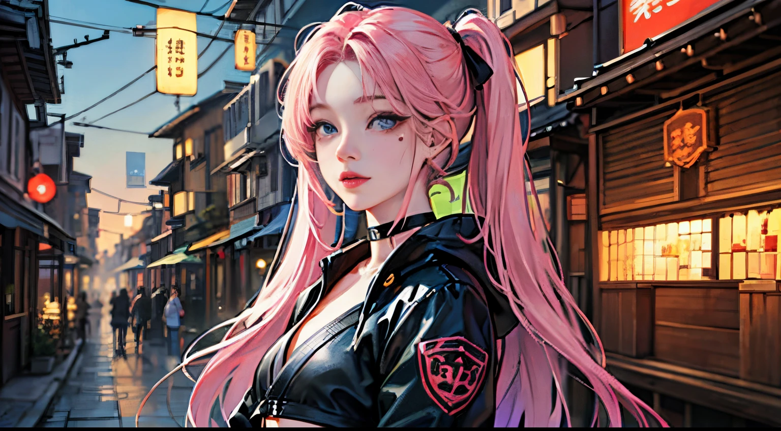 1人の女性、 Look at the viewer,
Her upper body, Her beautiful blue eyes, Pink hair with twin tails, Moles under her eyes, Plump and glossy lips, Heart-shaped choker,Female ninja 、stealth、Ninja Black Costume、Black mask、Looking at the viewer, smiling at the viewer. .. .. .. .. .. .. .. .. .. .. .. .. .. .. .. .. .. .. .. .. .. .. .. .. .. .. .. .. .. .. .. .. .. .. .. .。.。.。.。.。.。.。.。.。.。.。.。.。.。.。.。.。.。.。.。.。.。.。.。.。.。.。.。.。.。.。.。.。.。.。.。.。.。.。.。.。.。.。.。.。.3D, cyberpunk style short clothes、, of the highest quality, 8K, Detailed skin texture, Detailed Cloth Texture, beautifull detailed face, Intricate details, Female ninja、Kunoichi、Ninja Outfit、Edo townscape、morning landscape edge lighting, Side lighting, Cinematic lighting, Ultra high definition, 8K UHD, Film grain, Best Shadows, Delicate, Facing the viewer, front facing