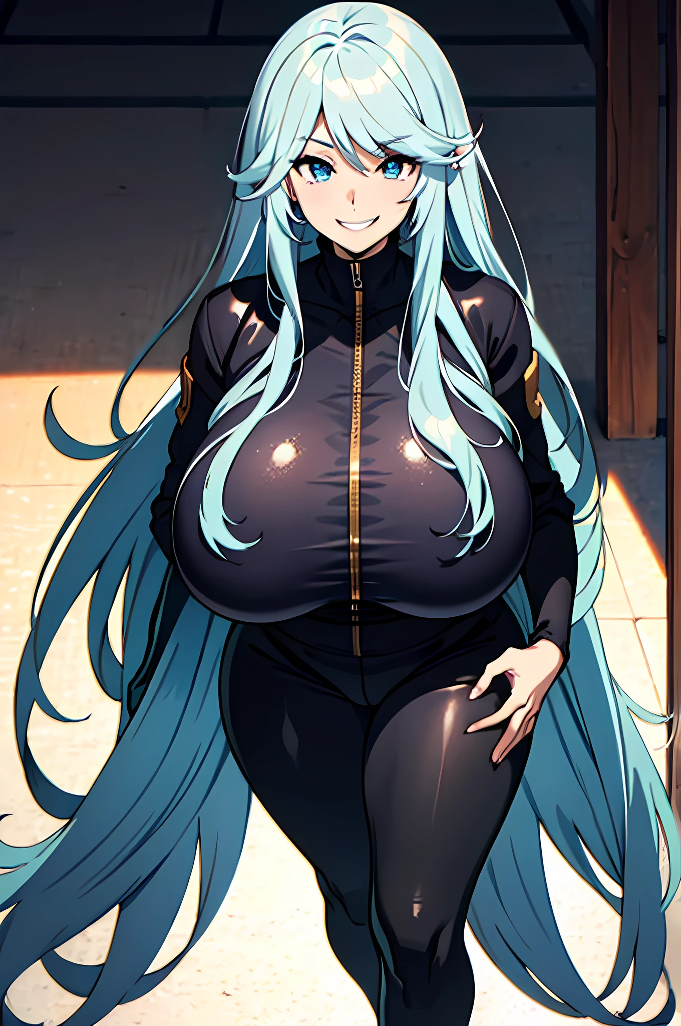 Long light blue hair, Japanese, (gigantic chest:1.2), tight clothing, (black leggings:1.2), big thighs, sadistic grin, half body, big eyes, (ninja:1.1)