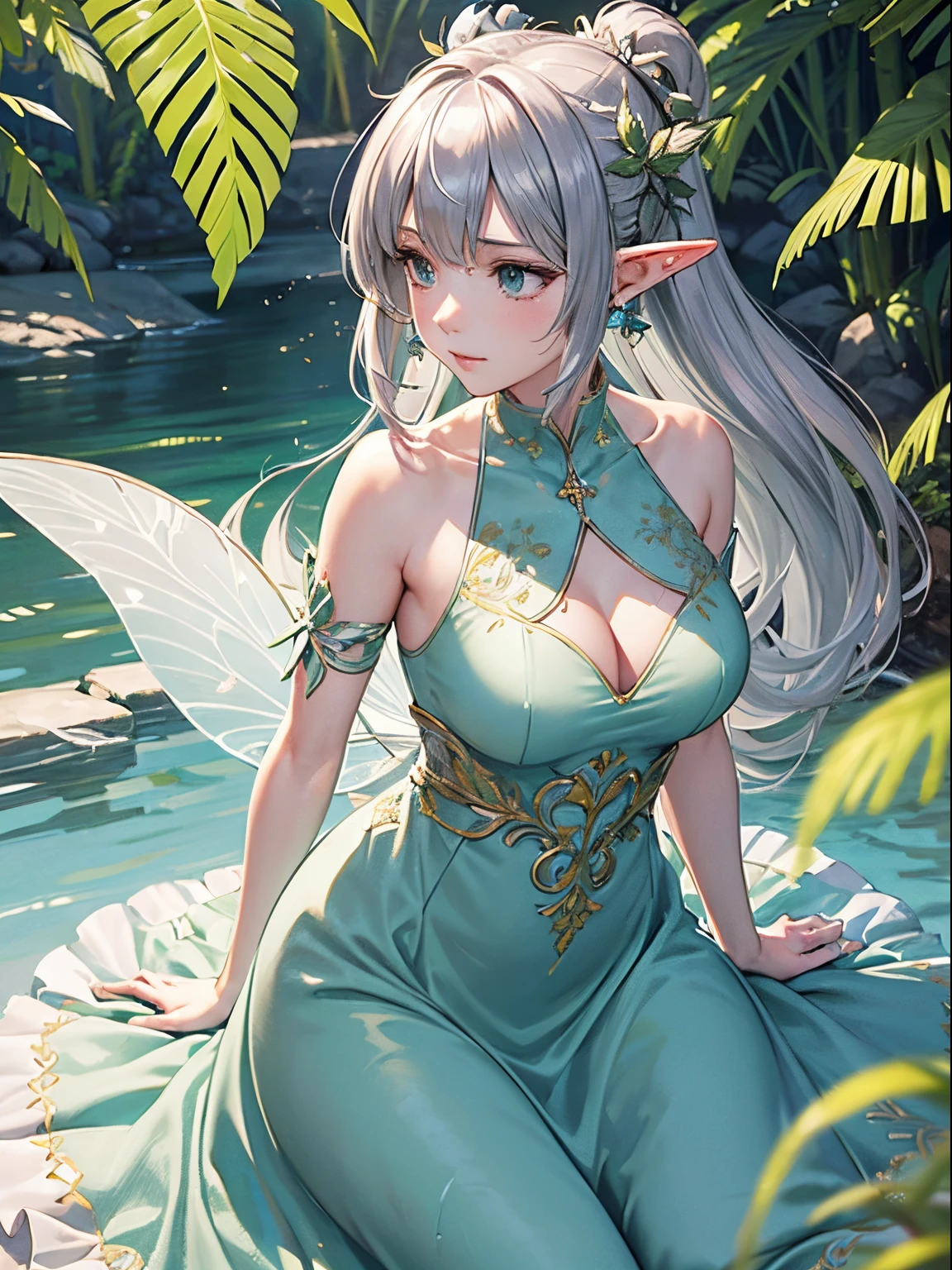 (((masutepiece))), (((Best Quality))), ((Ultra-detailed)), (Illustration), ((extremely delicate and beautiful)),Dynamic Angle,floating, (Beautiful detailed eyes), (Detailed light) fairyland,Dynamic Angle,(1 Princeness),(elf),(Girl in a dream),(wonderland dream), (very fantasy dream),spiky_Ears, Green_Eyes, long_hair, Solo, Bare_shoulders, up looking_で_viewer, fronds,covered with leaves, earrings, Jewelry,Jewelry Earrings,Silver_hair, hair_ornament detached,leaf decoration,hair_Bland_Eyes, eyebrows_Visible_through_hair, arms are_The tattoo, Leaf tattoo, Closed_Mouth, Bangs, Smedium_breasts, blush, Sleeveless, (+++上半身_Body+++),(Beautiful noble leaf texture halter dress with details,(Silver|Green dress:1.3),(Magic Dress),gloves,)hands behind back, /////////,feather, Leaves, tree,Nature, (Sunlight),day, River, (forest),(Painting),(sketch),(bloom)////////depth of fields, double exposure, Tindall Effect, Colorful refraction,visual impact,(sketch:0.9),Best Quality ,(Fairy tales and dreamy spring)