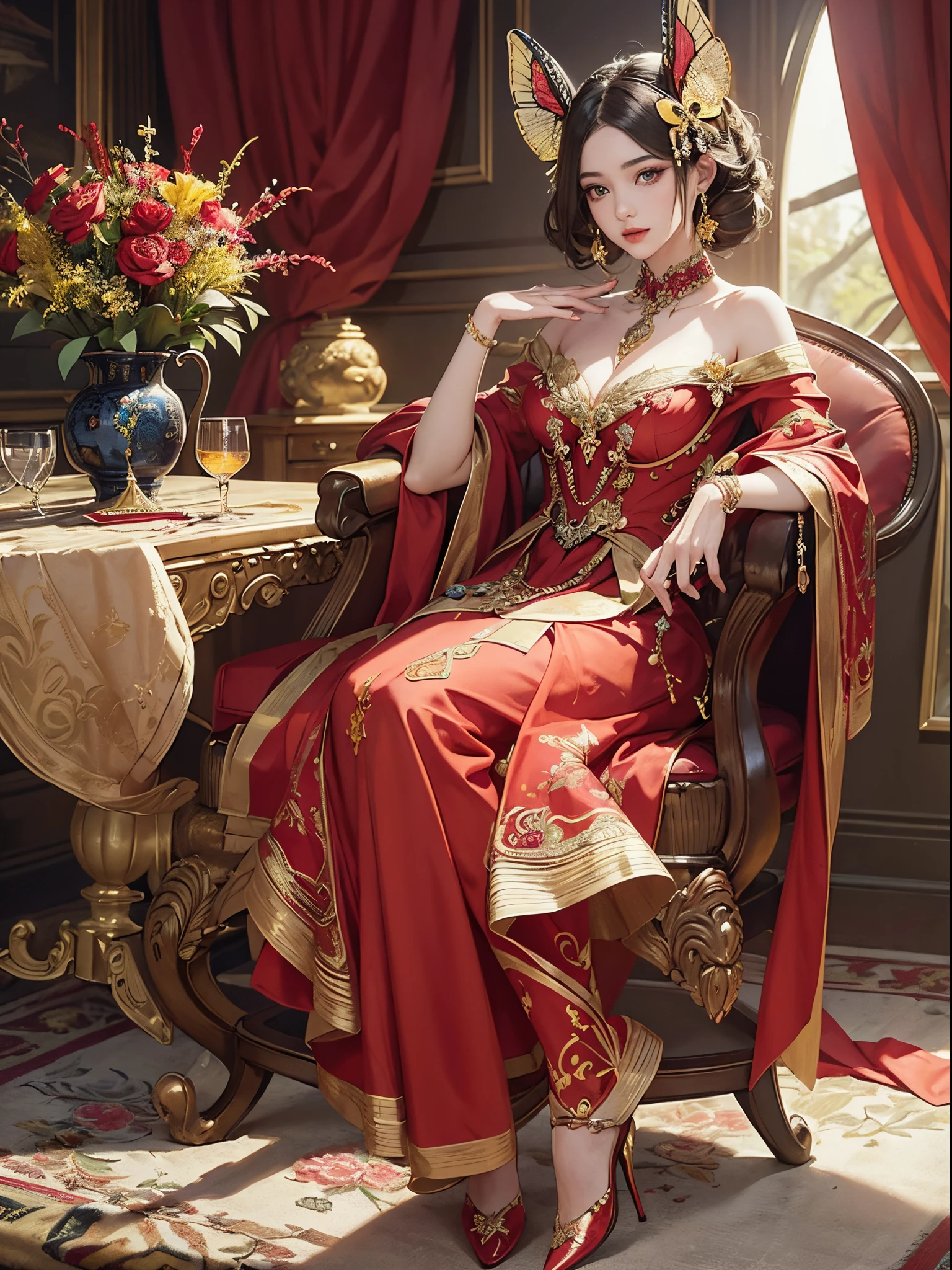 Butterfly motif、scarlet and yellow tones、Vibrant colors、((masterpiece)))、(((top-quality)))、((ultra-detailliert))、(A hyper-realistic)、(highly detailed CGillustration)、Official art、Decadent、Madame Papillon、Cool Beauty、Rome in the first half of the 20th century、Masquerade、refinement、Elegance、Gorgeous、、Colorful and detailed mask design、matchless beauty、Fans、gorgeous dress、jewely、Perfect Angle、perfect-composition。full body Esbian