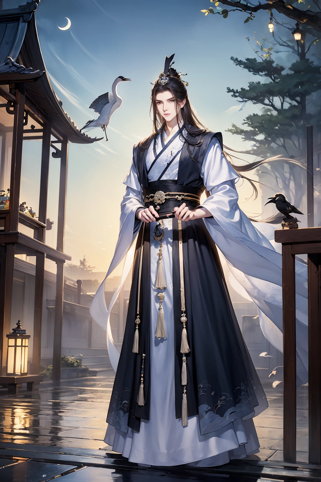 (Best quality,A high resolution,The image is clear:1.2),Ultra detailed backgrounds,Beautiful man standing，Chinese style clothes,,Garden scene,under moonlight,waterfallr，Crane，Romantic atmosphere,Dutch Angle Shot,gentlesoftlighting,shelmet