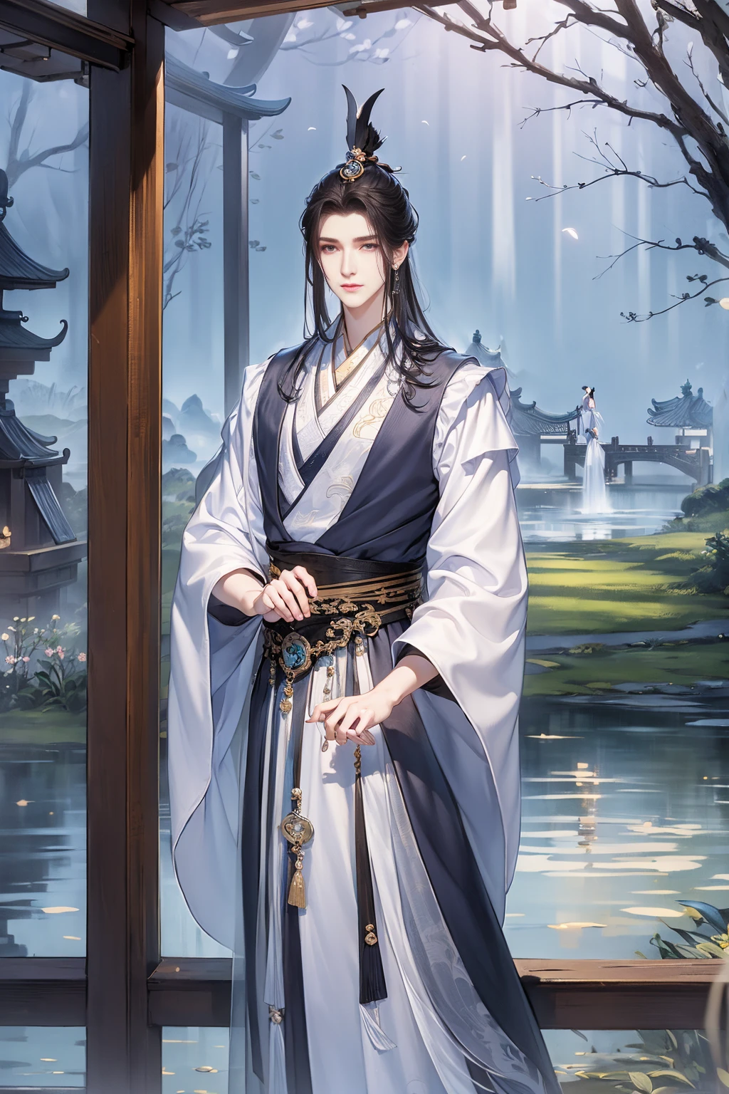 (Best quality,A high resolution,The image is clear:1.2),Ultra detailed backgrounds,Beautiful man standing，Chinese style clothes,,Garden scene,under moonlight,waterfallr，Crane，Romantic atmosphere,Dutch Angle Shot,gentlesoftlighting,shelmet