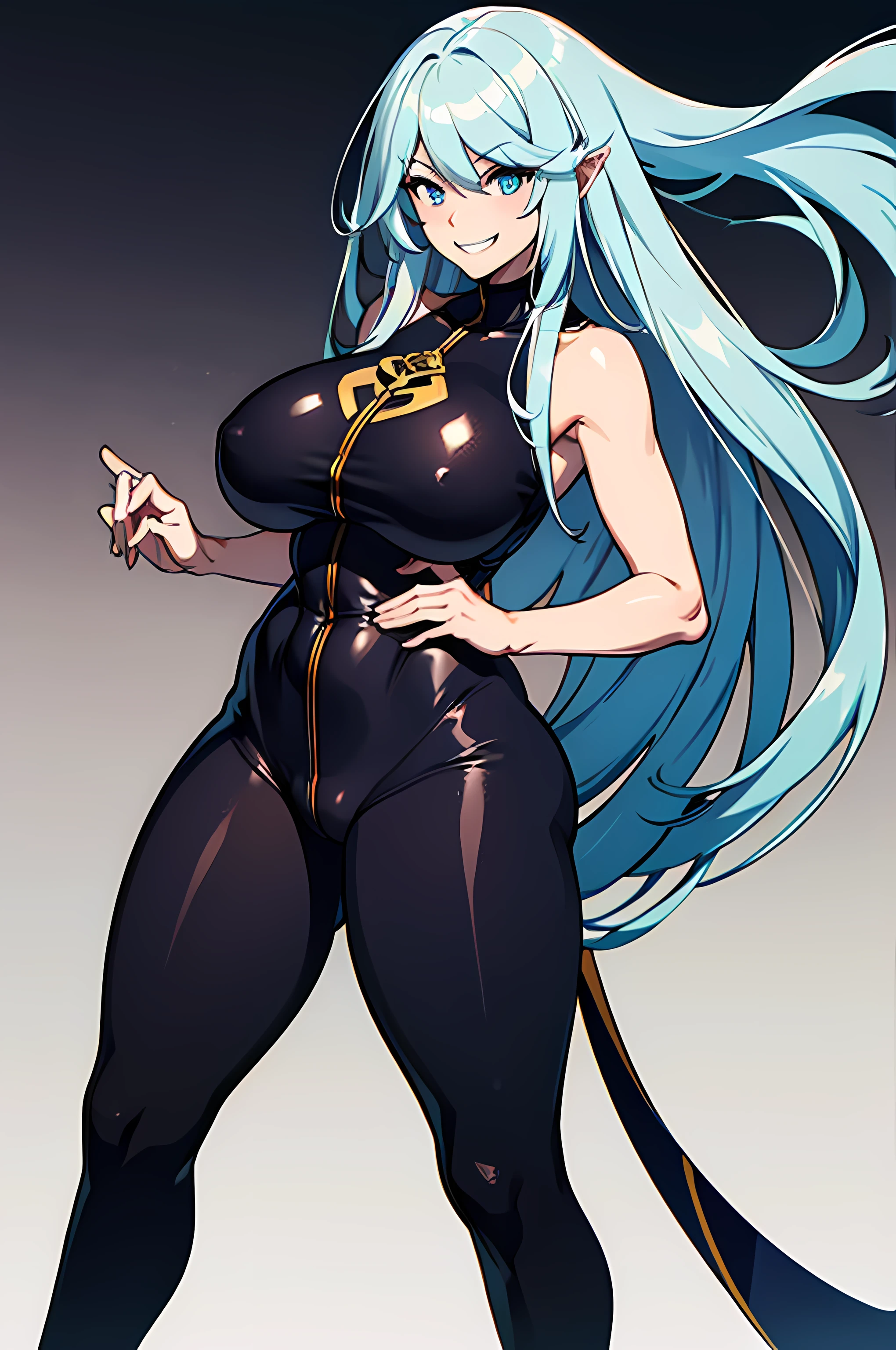 Long light blue hair, Japanese, (gigantic chest:1.2), tight clothing, (black leggings:1.2), big thighs, sadistic grin, half body, big eyes, (ninja:1.1)
