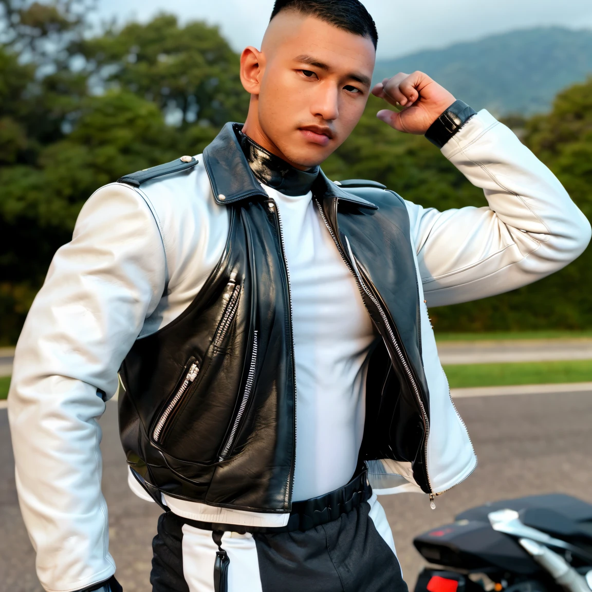 syahnk,front view ,1man,22 y.o very huge muscular man wearing white shirt in fit leather jacket,( visible huge pecs and bulging muscular arm in tight jacket,tight leather jacket,detailed jacket,handsome,masculine,military hair,high fade hair,whole body shot,high detailed skin:1.4), full body, coastline, overcast weather, wind, waves,motorbike,8k uhd, dslr, soft lighting, high quality, film grain, Fujifilm XT3 masterpiece, best quality, highres, realistic,DSLR ,