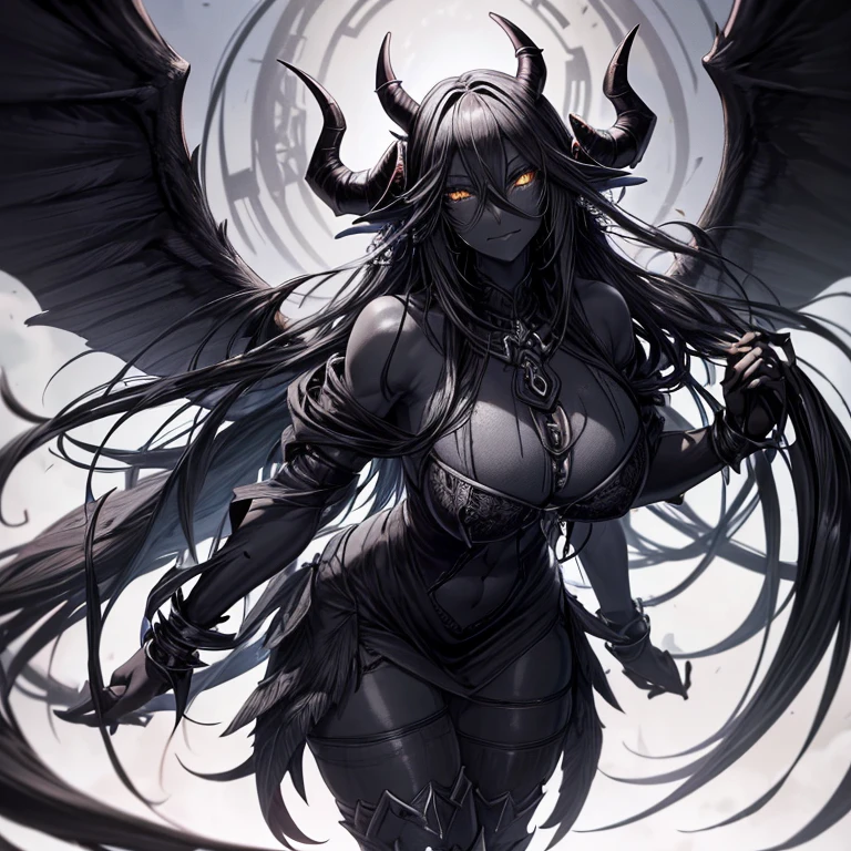 Best quality,A high resolution,One demon,(Pure black skin:1.7),(a pair of long, curved horns:1.5),Black wings,(gigantic cleavage breasts)