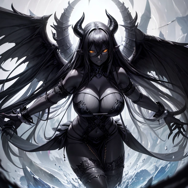 Best quality，A high resolution，One demon，(Pure black skin:1.7)，(a pair of long, curved horns：1.5)，Black wings，（gigantic cleavage breasts）