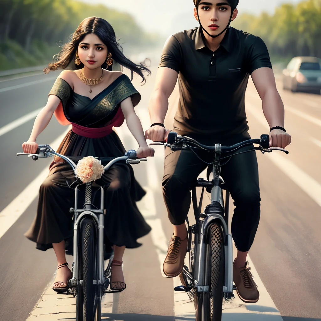 A girl in black sari set with a boy in black dress on bike on road