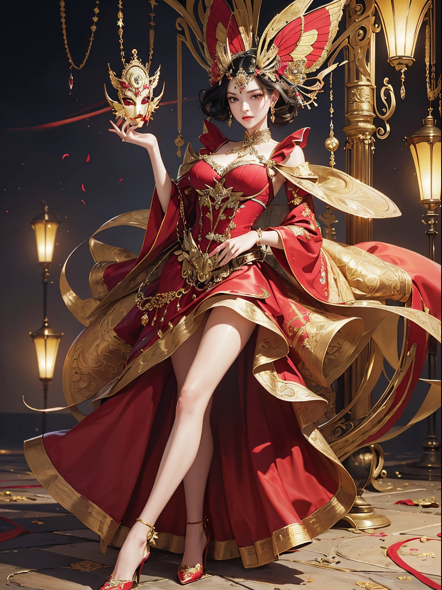 Butterfly motif、scarlet and gold tones、Vibrant colors、((masterpiece)))、(((top-quality)))、((ultra-detailliert))、(A hyper-realistic)、(highly detailed CGillustration)、Official art、Decadent、Madame Papillon、Cool Beauty、Shanghai in the first half of the 20th century、Masquerade、refinement、Elegance、Gorgeous、、Colorful and detailed mask design、matchless beauty、Fans、gorgeous dress、jewely、Perfect Angle、perfect-composition。full body Esbian