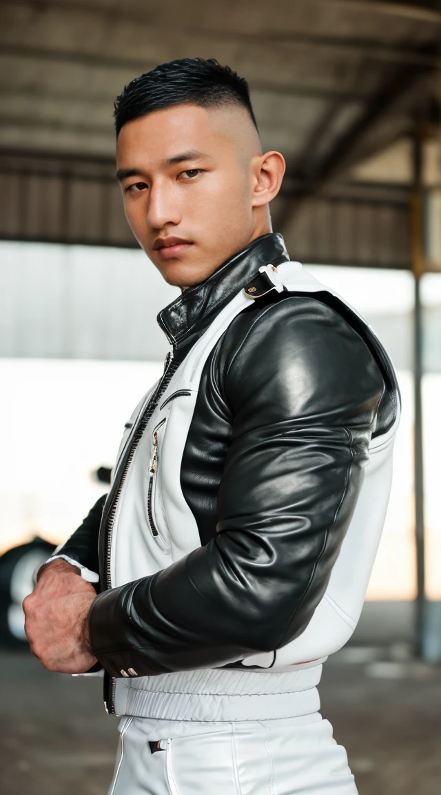 syahnk,front view ,1man,22 y.o very huge muscular man wearing white shirt in fit leather jacket,( visible huge pecs and bulging muscular arm in tight jacket,tight leather jacket,detailed jacket,handsome,masculine,military hair,high fade hair,whole body shot,high detailed skin:1.4), full body, coastline, overcast weather, wind, waves,motorbike,8k uhd, dslr, soft lighting, high quality, film grain, Fujifilm XT3 masterpiece, best quality, highres, realistic,DSLR ,