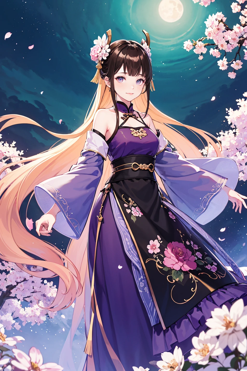 (Best quality at best,A high resolution,The image is clear:1.2),Ultra detailed backgrounds,，Beautiful woman standing,Chinese-style clothes,Purple skirt，Delicate petals,Garden scene,under moonlight,Romantic atmosphere,Dutch Angle Shot,gentlesoftlighting,shelmet