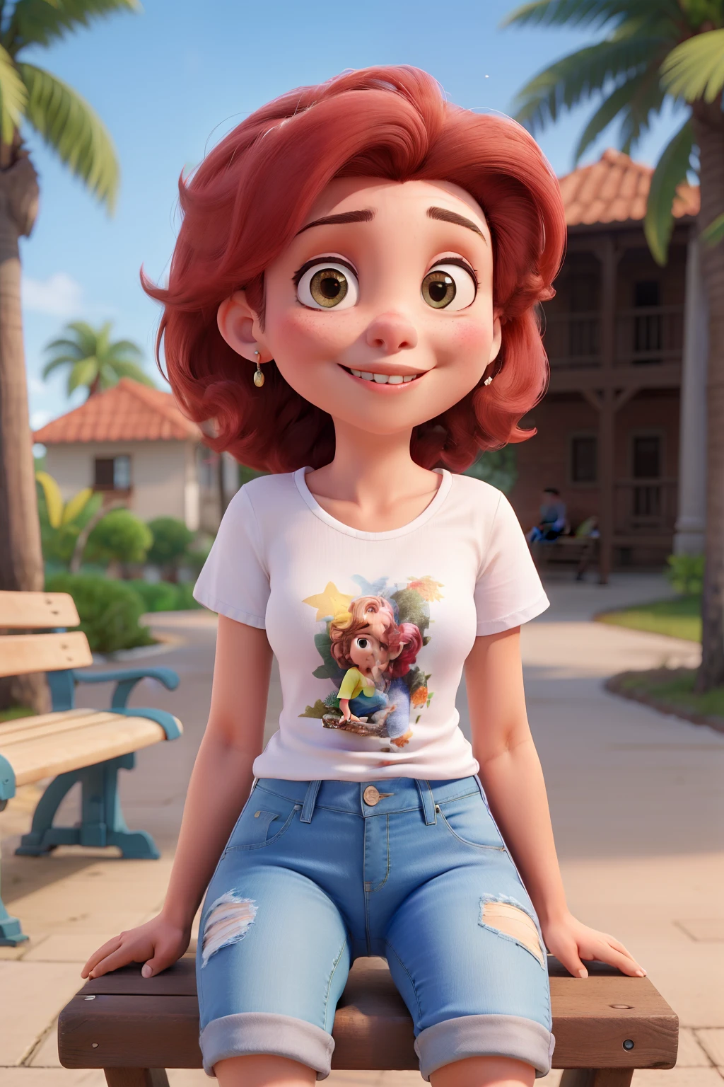 Obra-prima, de melhor qualidade, mulher de cabelos castanhos, olhos castanhos, de short jeans e blusa rosa, sitting on a bench in a square