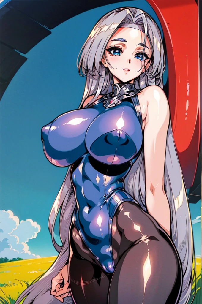 "(masterpiece:1.1), best quality, NSFW, 
1girl, (80s anime style:1.3), (eyelashes:1.5), (li:1.2), 
(intricate high detailed body:1.2), 
(silver hair:1.1), (forehead:1.1), (long hair, straight hair:1.1), (headband:1.2), 
blue eyes, (red lip stick:1.3), 
(perfect world gigantic, gigantic breasts:1.5), 
(angry, smile:1.2), 
(silver embroidery body suit armor:1.2), (pantyhose:1.2), 
(suspenders:1.1), (accessories:1.1), neckwear, 
standing, arms behind back, 
(upper body, cowboy shot, looking at viewer, from front:1.1),
(daytime, grassland, outdoors:1.2)"