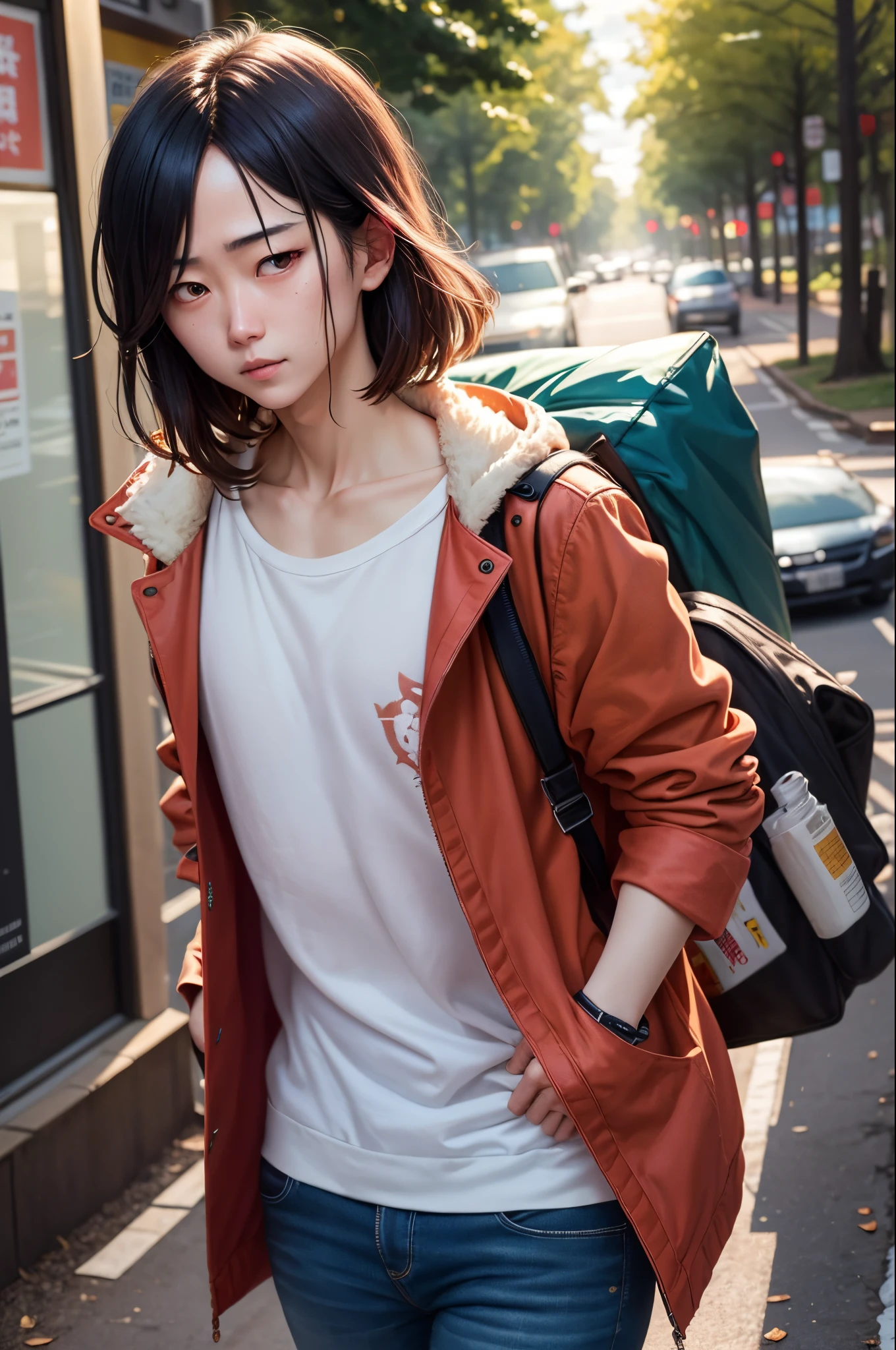 Boy with a backpack and suitcases holding the hand of a brunette girl with medium hair who is flying being carried by the wind