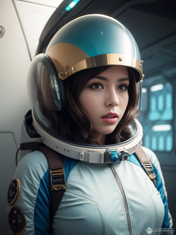 woman wearing futuristic sci fi space suit, steampunk alien helmet, wes anderson style, pastel color, medium shot, perfect composition, ultra realistic, photography
