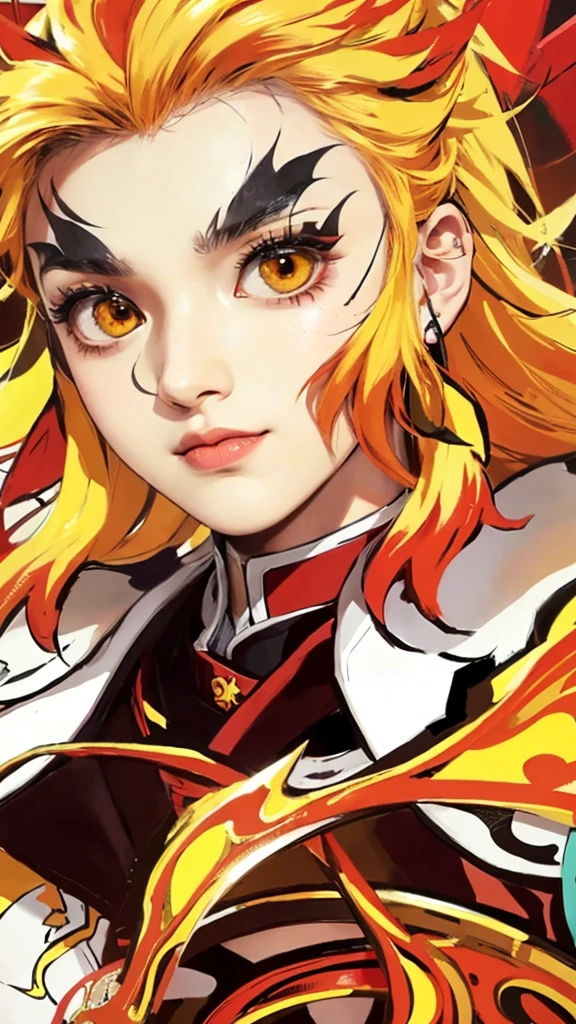 1male, rengoku in anime demon slayer, long hair , yellow and red hair, yellow eyes, handsome, black clothes with white edges, realistic clothes, detail clothes, city background, ultra detail, realistic